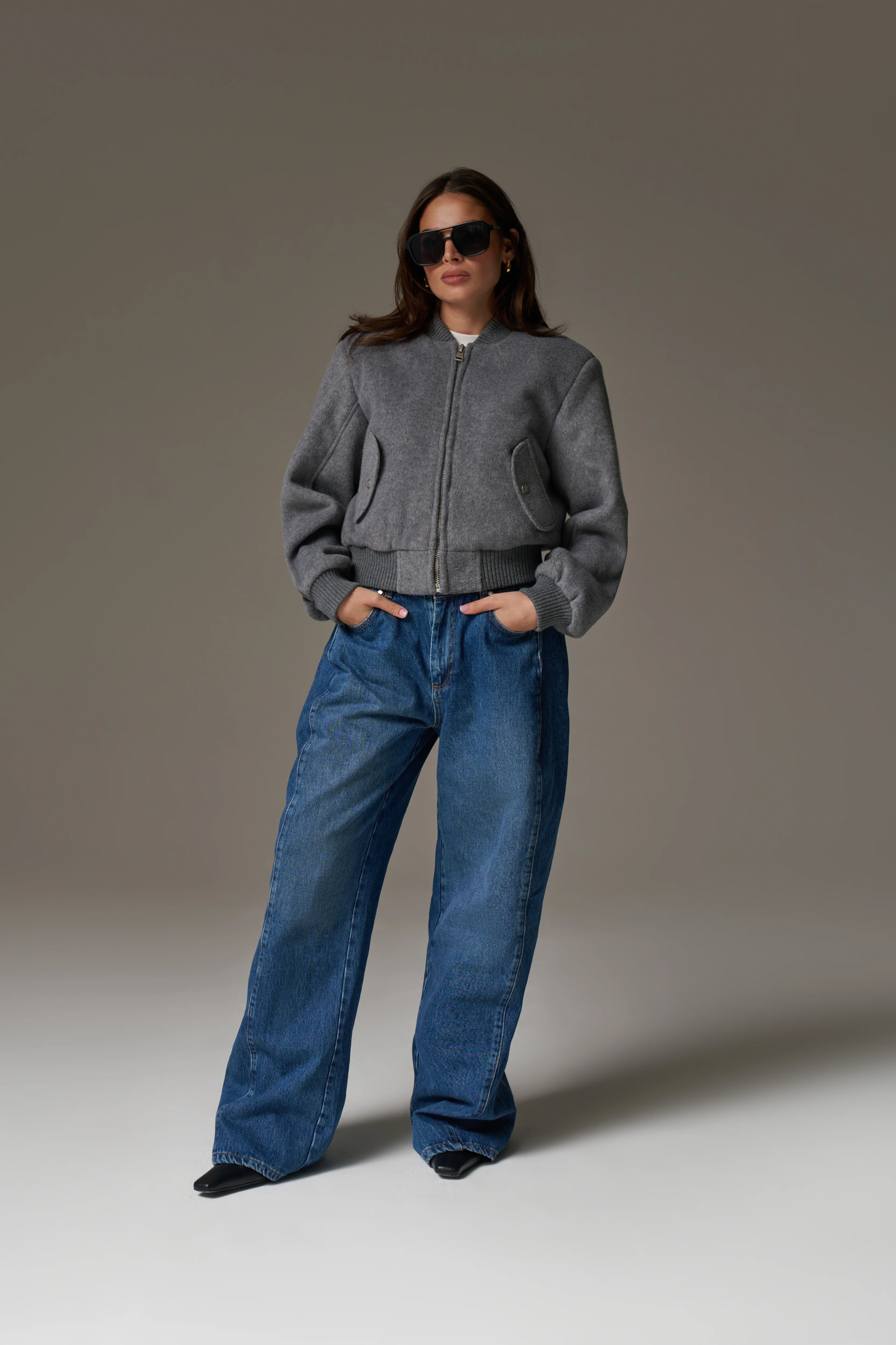 SHOULDER PADDED WOOL BLEND BOMBER JACKET - GREY MARL