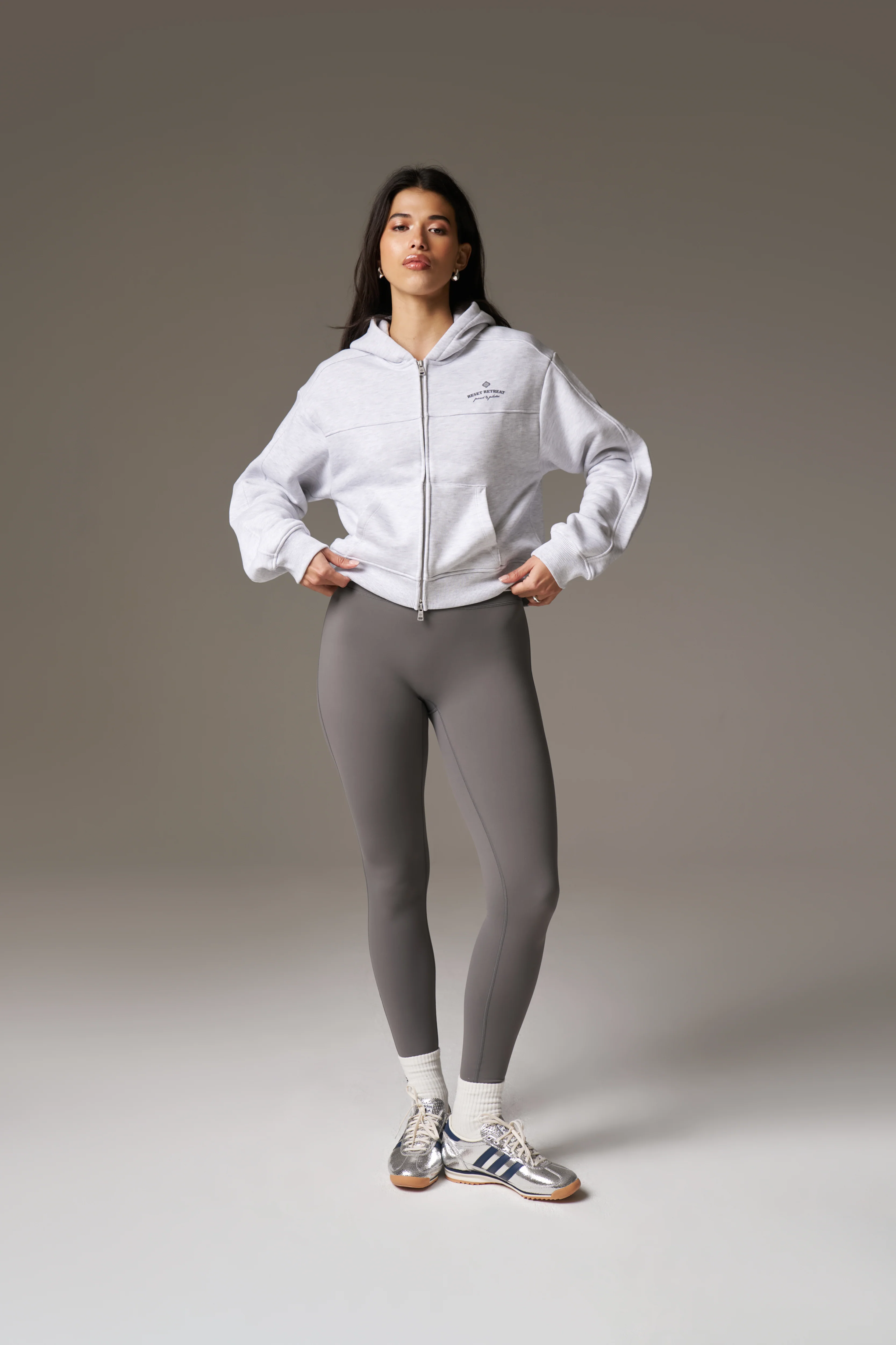 PILATES & PINOT ZIP THROUGH CROPPED HOODIE - GREY MARL