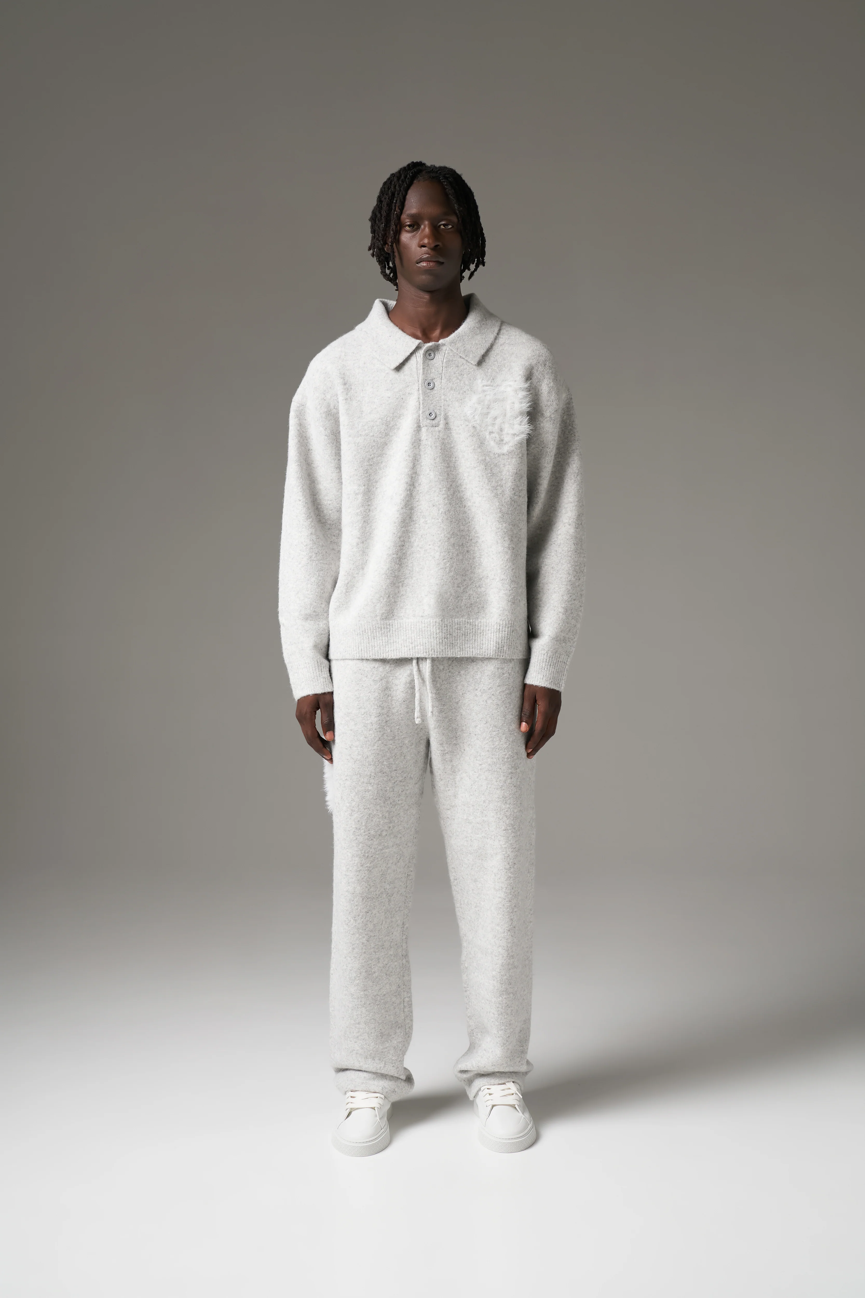 MONOGRAM EMBLEM FLUFFY KNIT POLO - GREY MARL