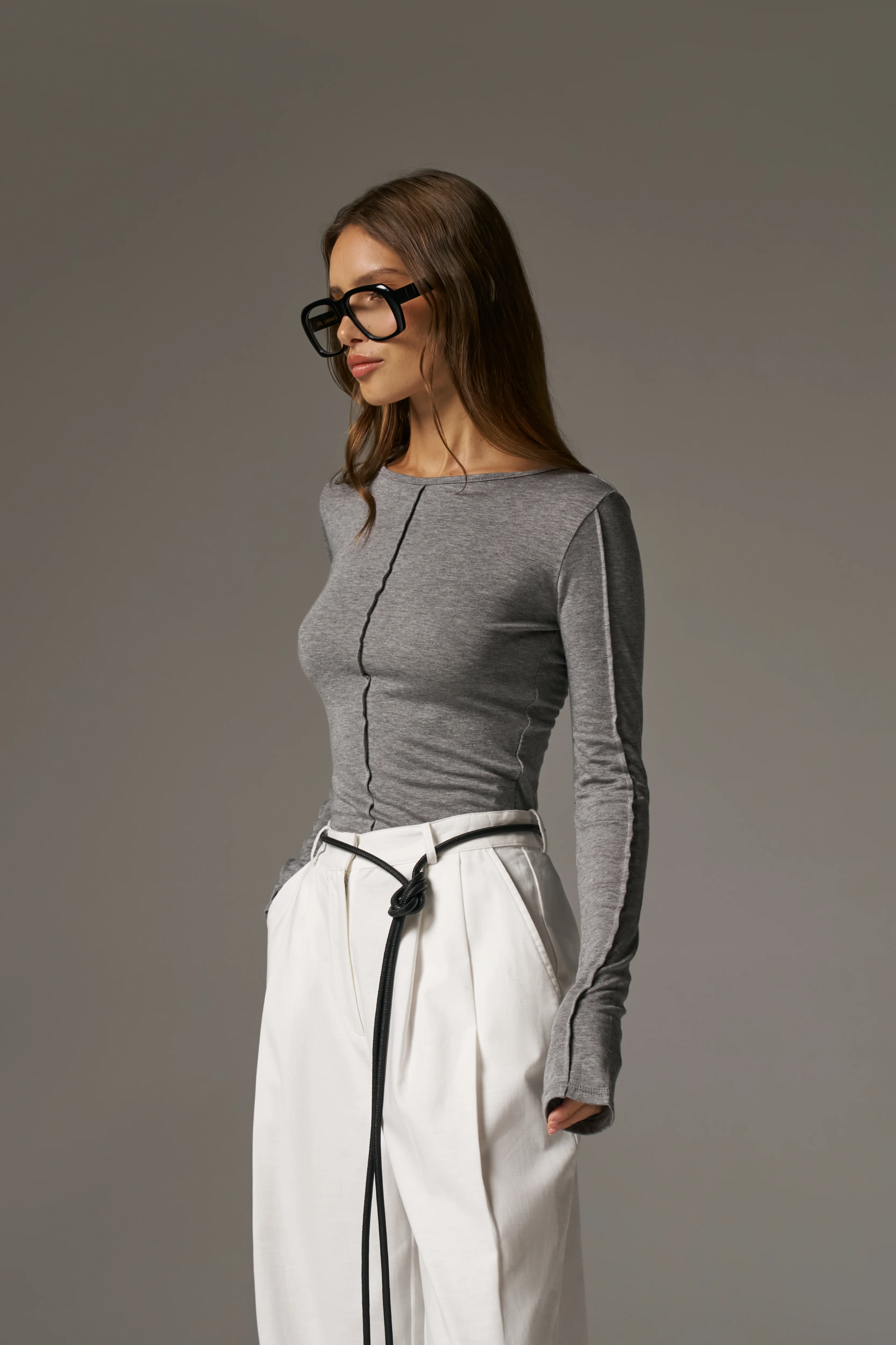 LONG SLEEVE SLUB TOP - GREY