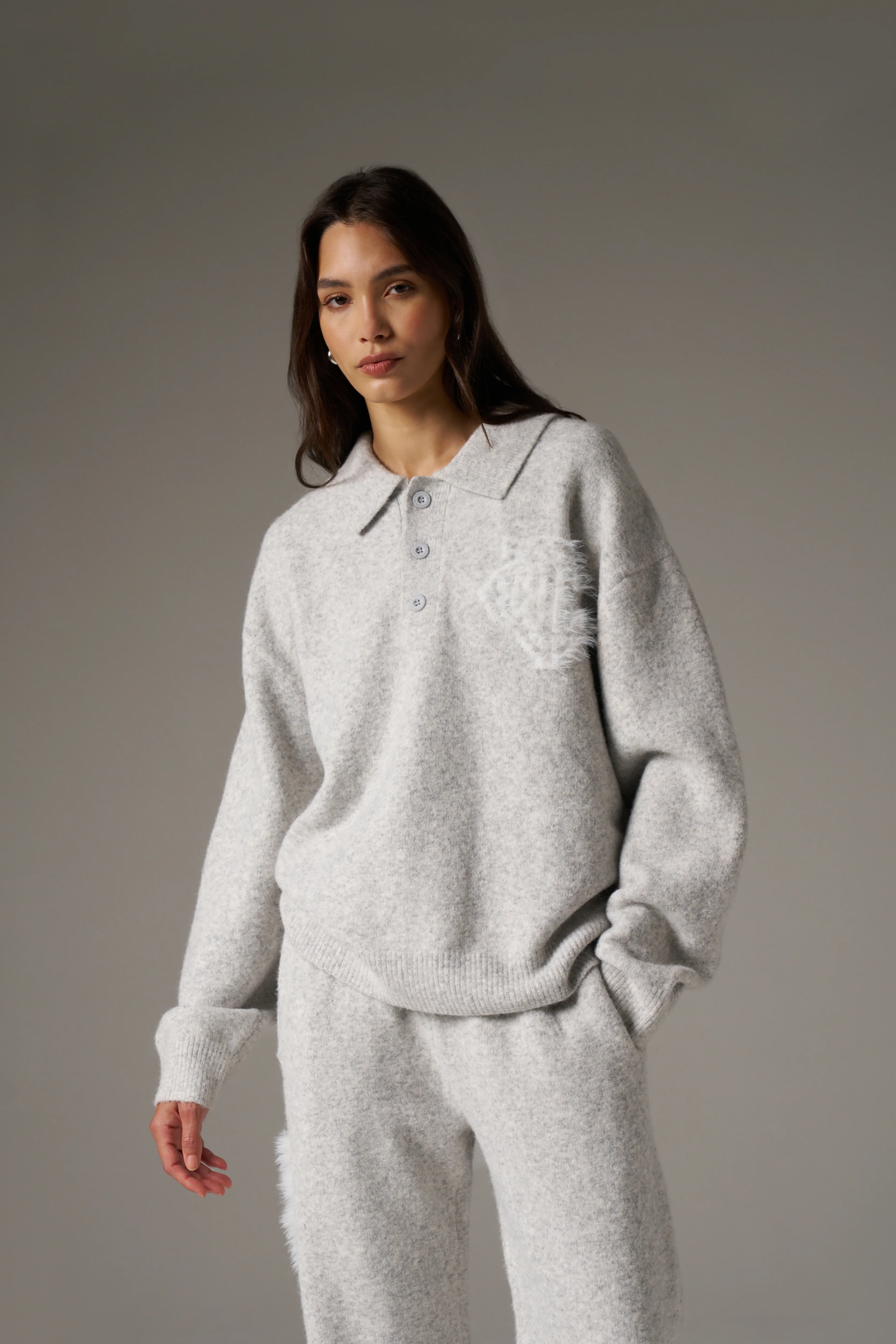 MONOGRAM EMBLEM FLUFFY KNIT POLO - GREY MARL