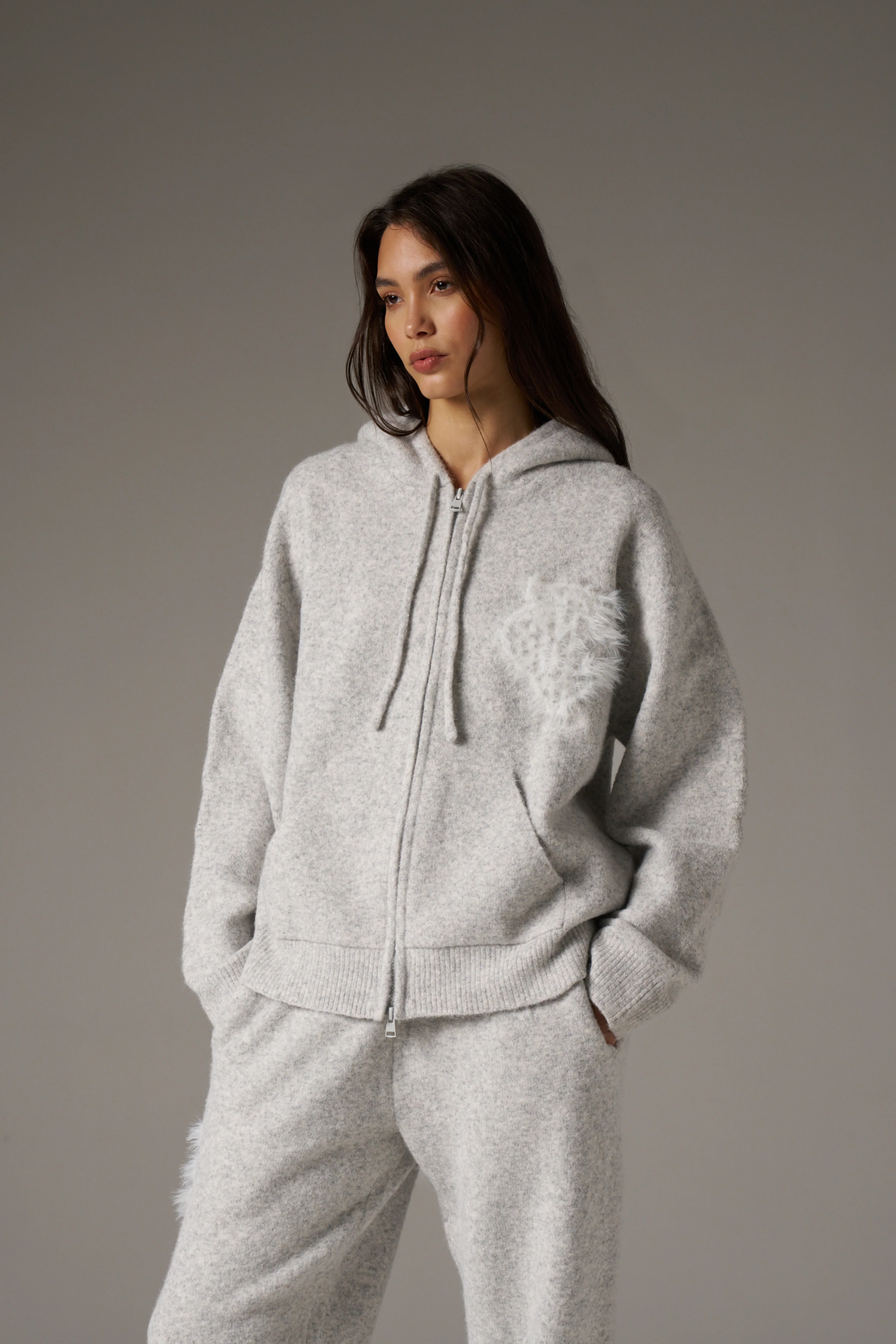 MONOGRAM EMBLEM FLUFFY KNIT ZIP THROUGH HOODIE - GREY MARL