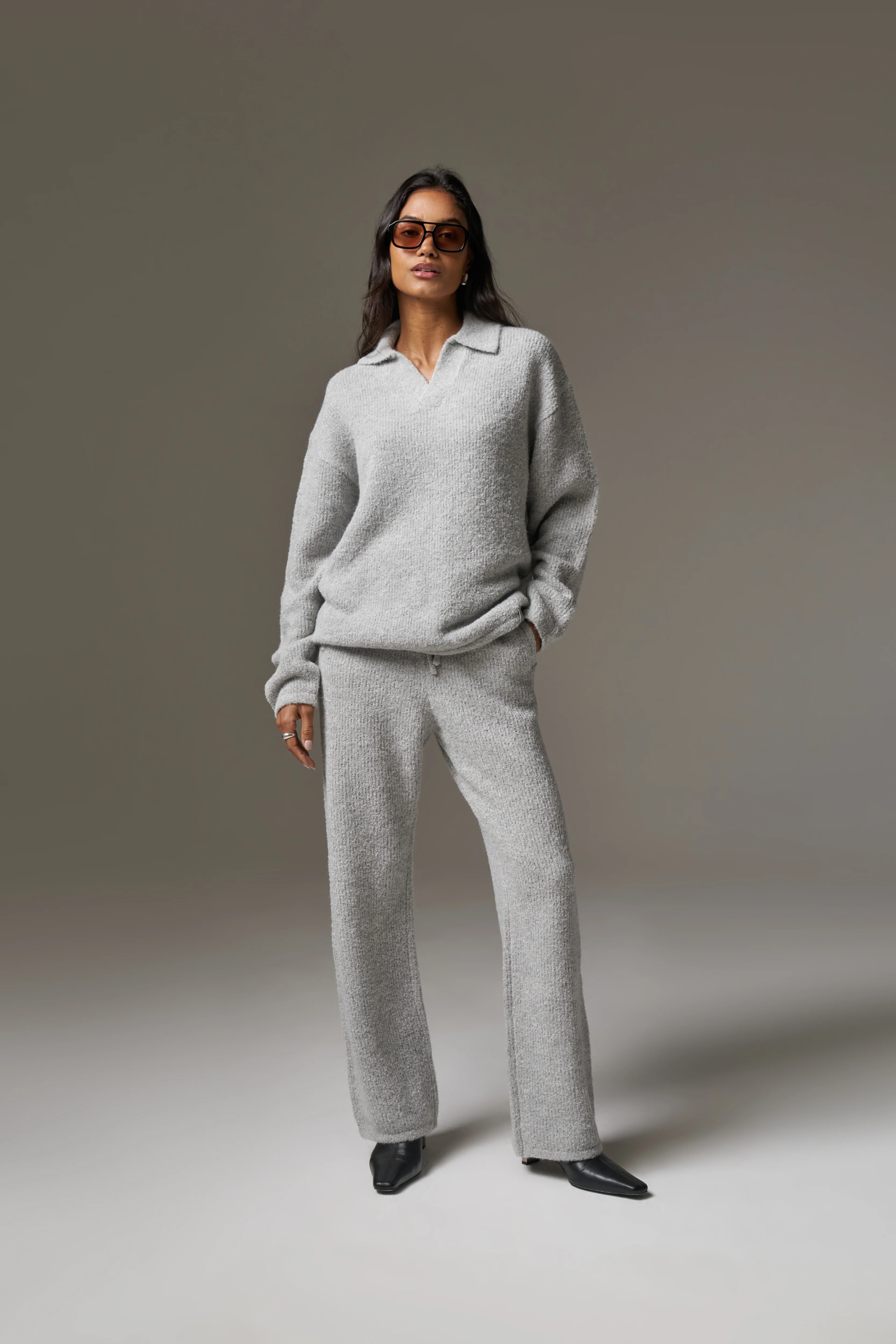 BOUCLE KNIT LONG SLEEVE POLO - GREY MARL