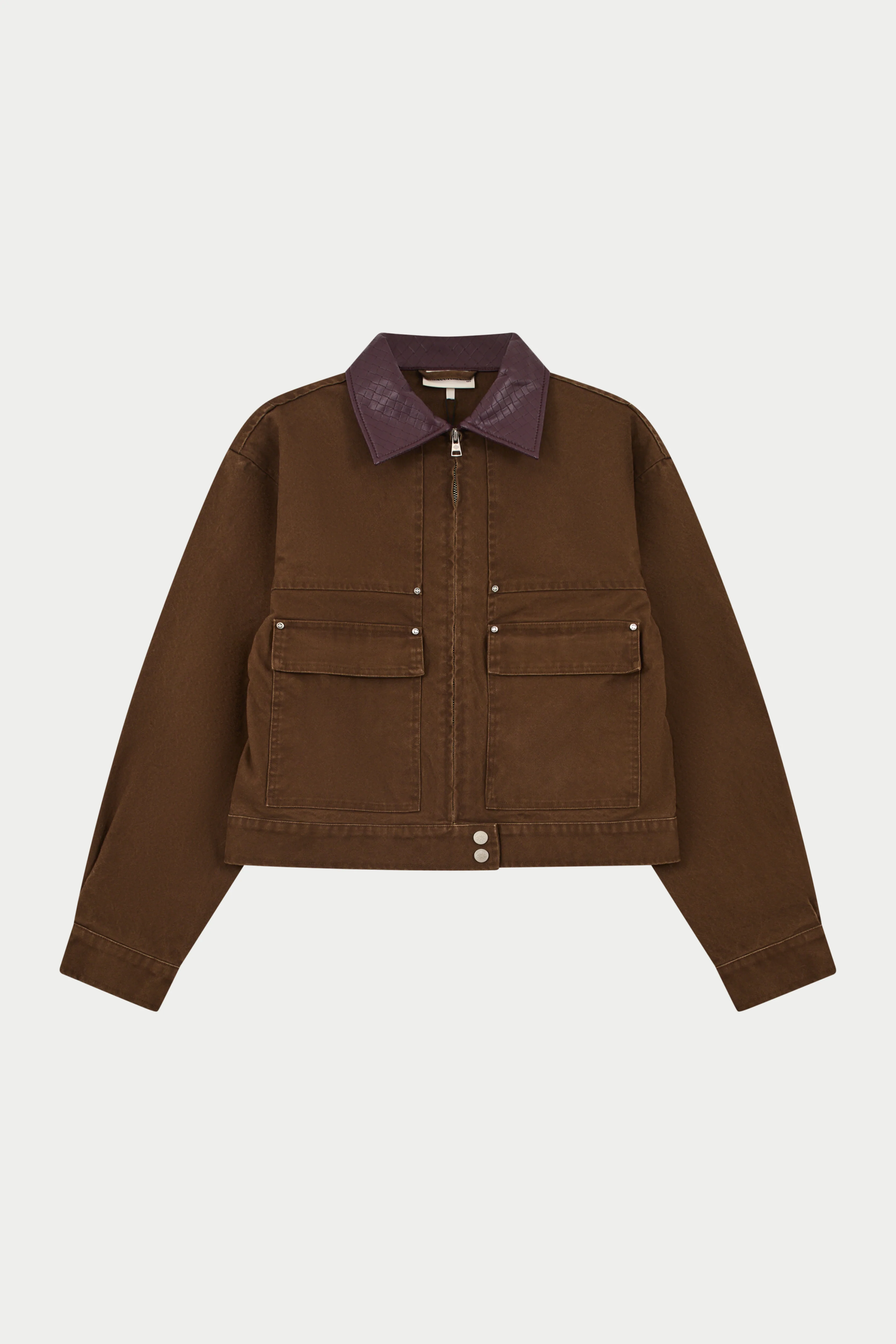 WASHED CONTRAST COLLAR TRUCKER JACKET - CHOCOLATE