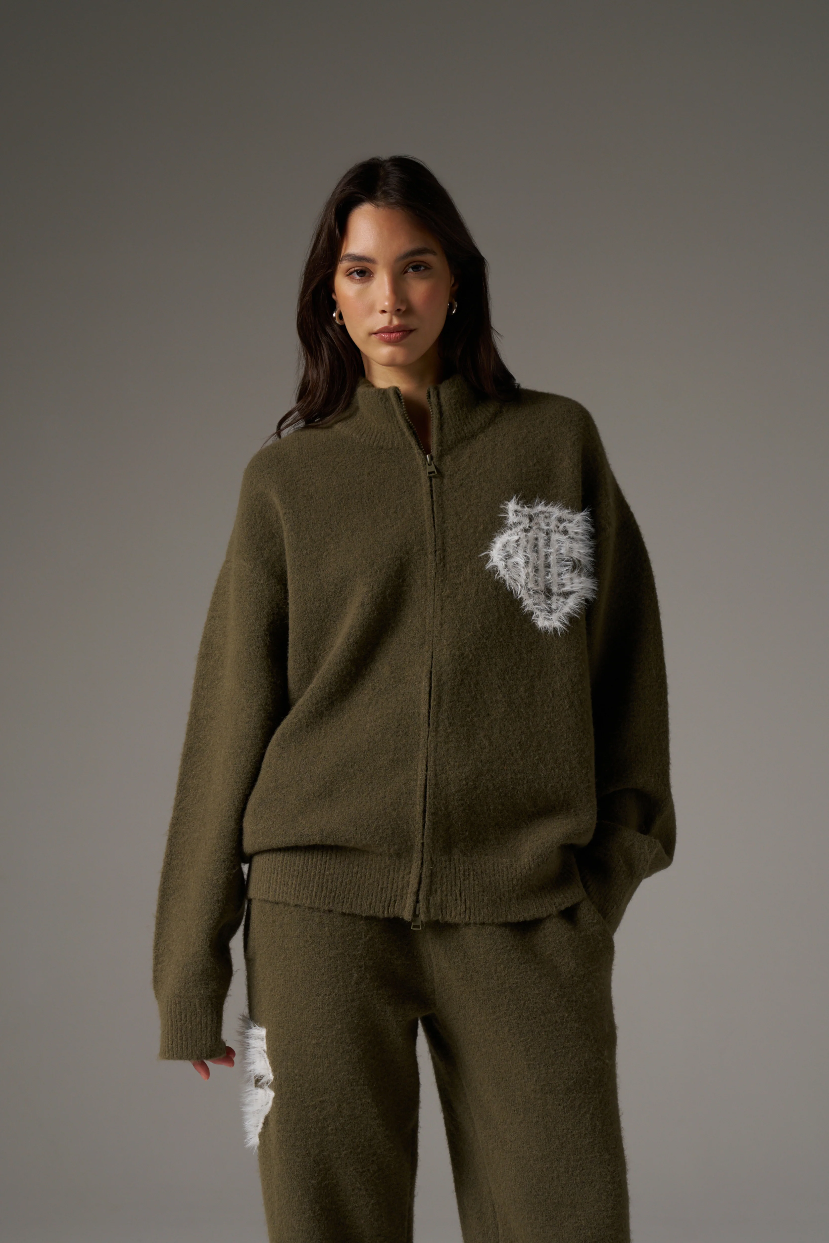 MONOGRAM EMBLEM FLUFFY KNIT ZIP THROUGH - KHAKI