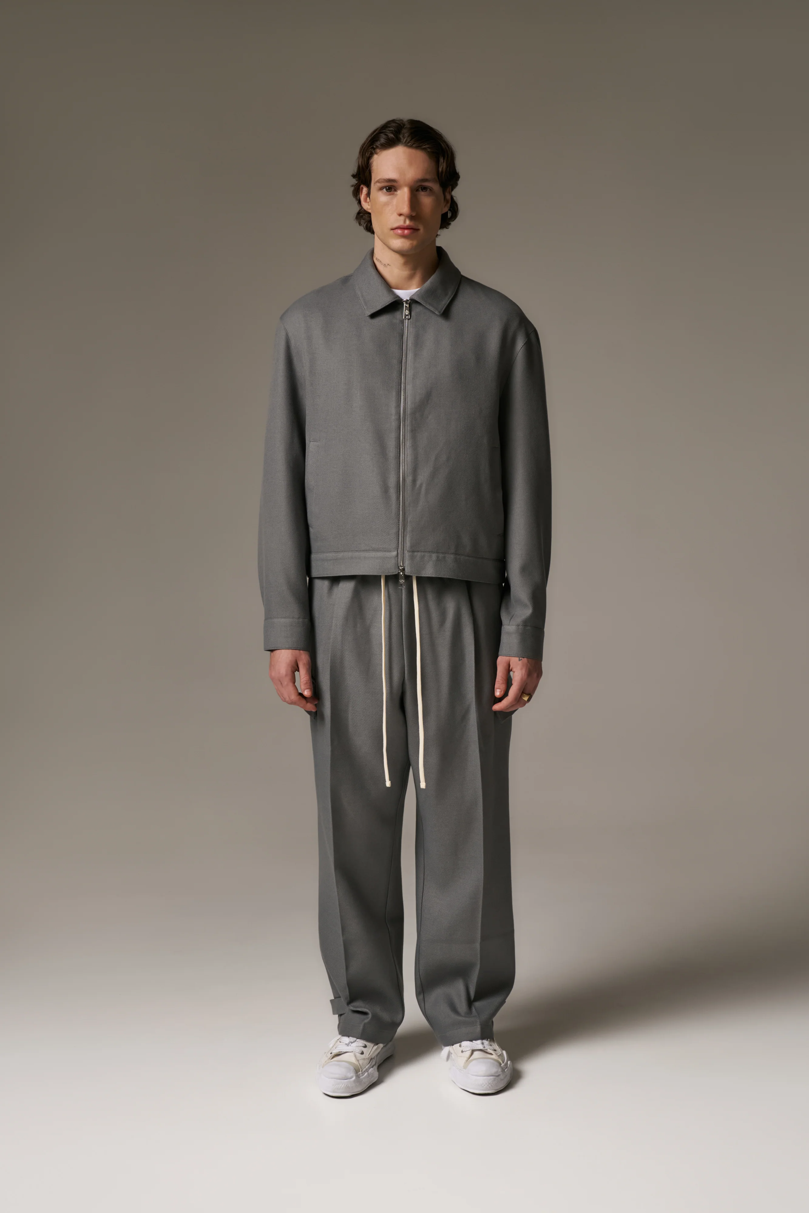 PLEATED WIDE LEG WOOL BLEND TROUSERS - GREY