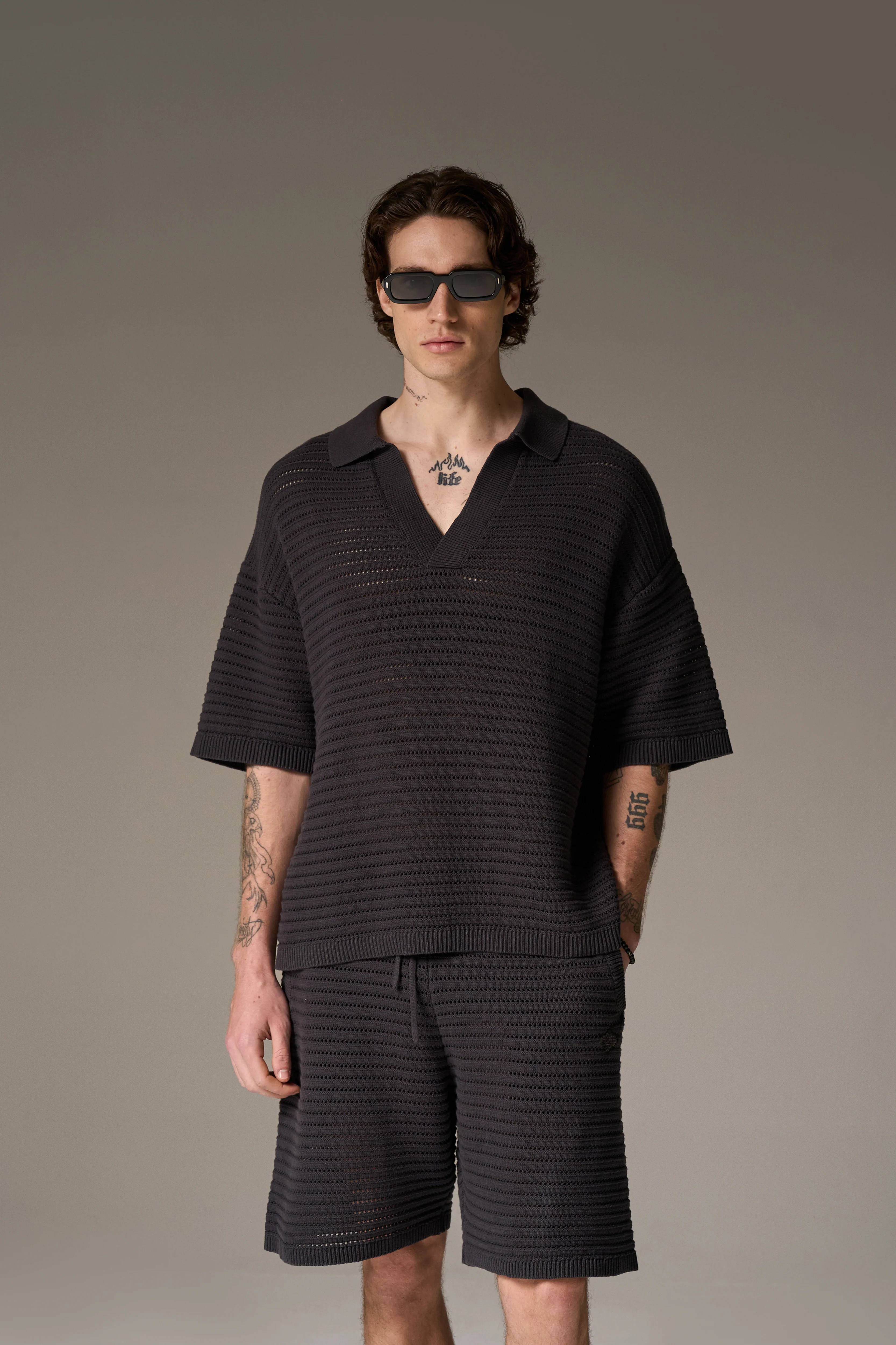 KNITTED POLO SHIRT - CHARCOAL