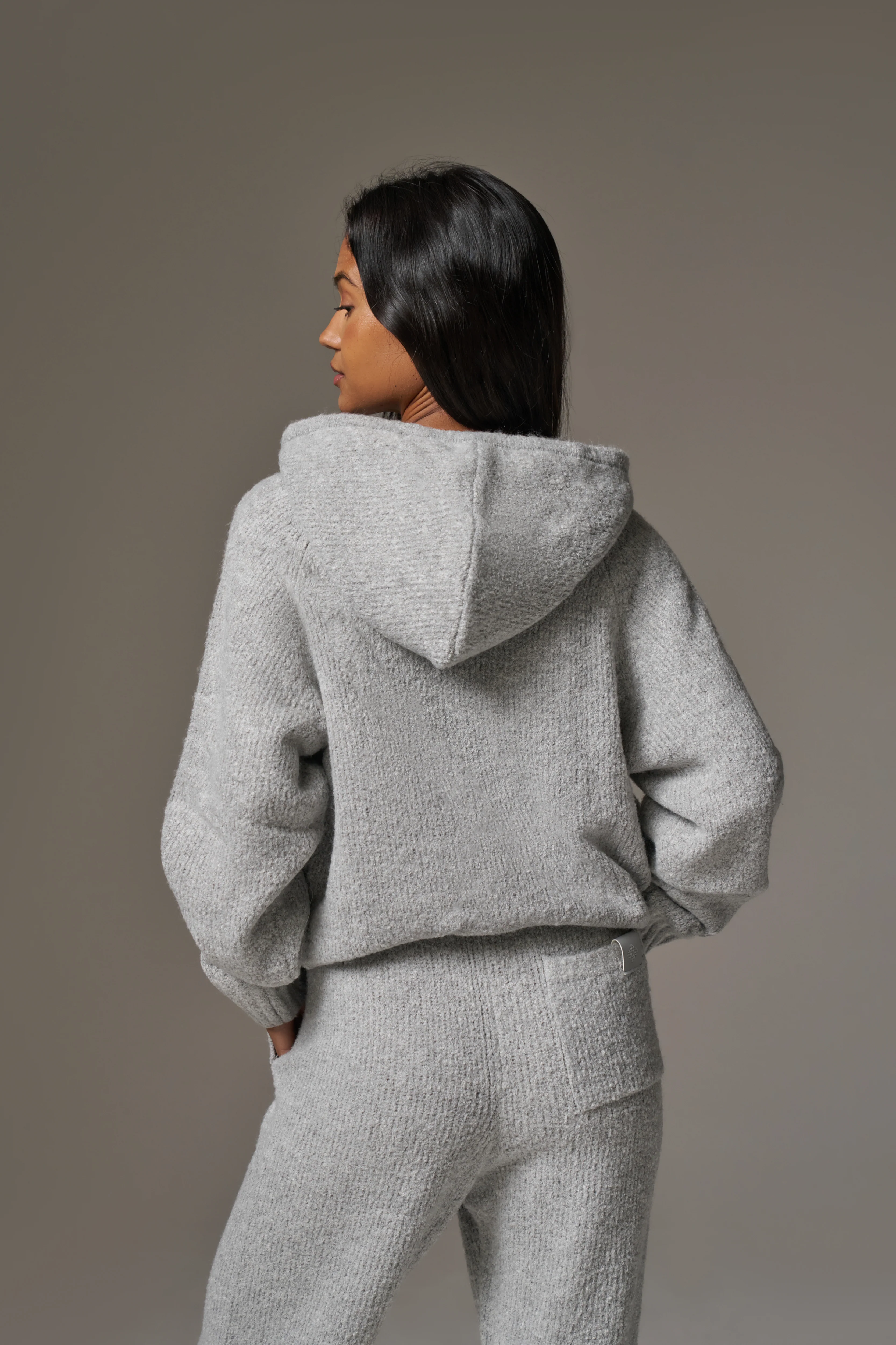 BOUCLE KNIT HOODIE - GREY MARL