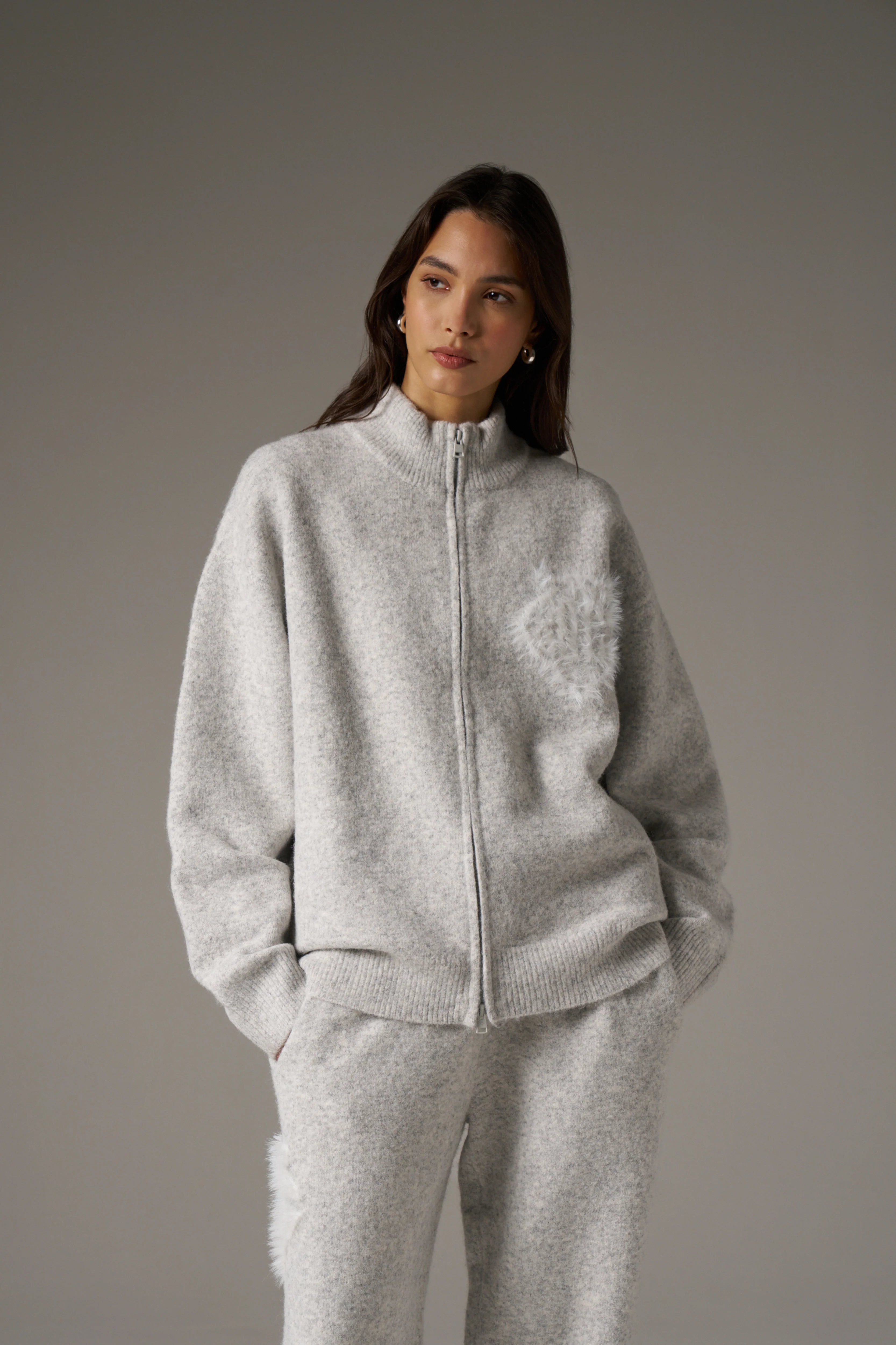 MONOGRAM EMBLEM FLUFFY KNIT ZIP THROUGH - GREY MARL