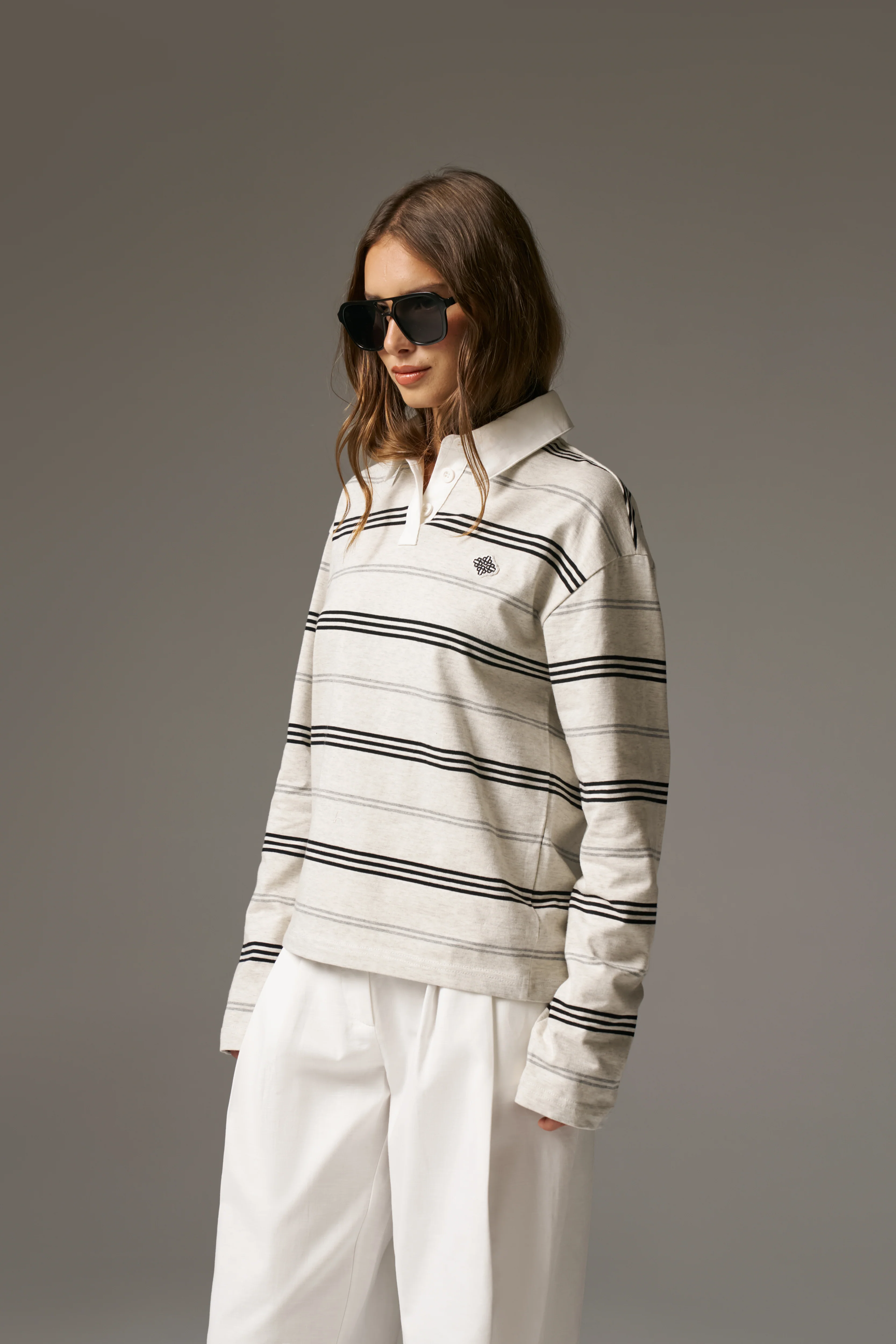 STRIPED LONG SLEEVE POLO TEE - GREY MARL