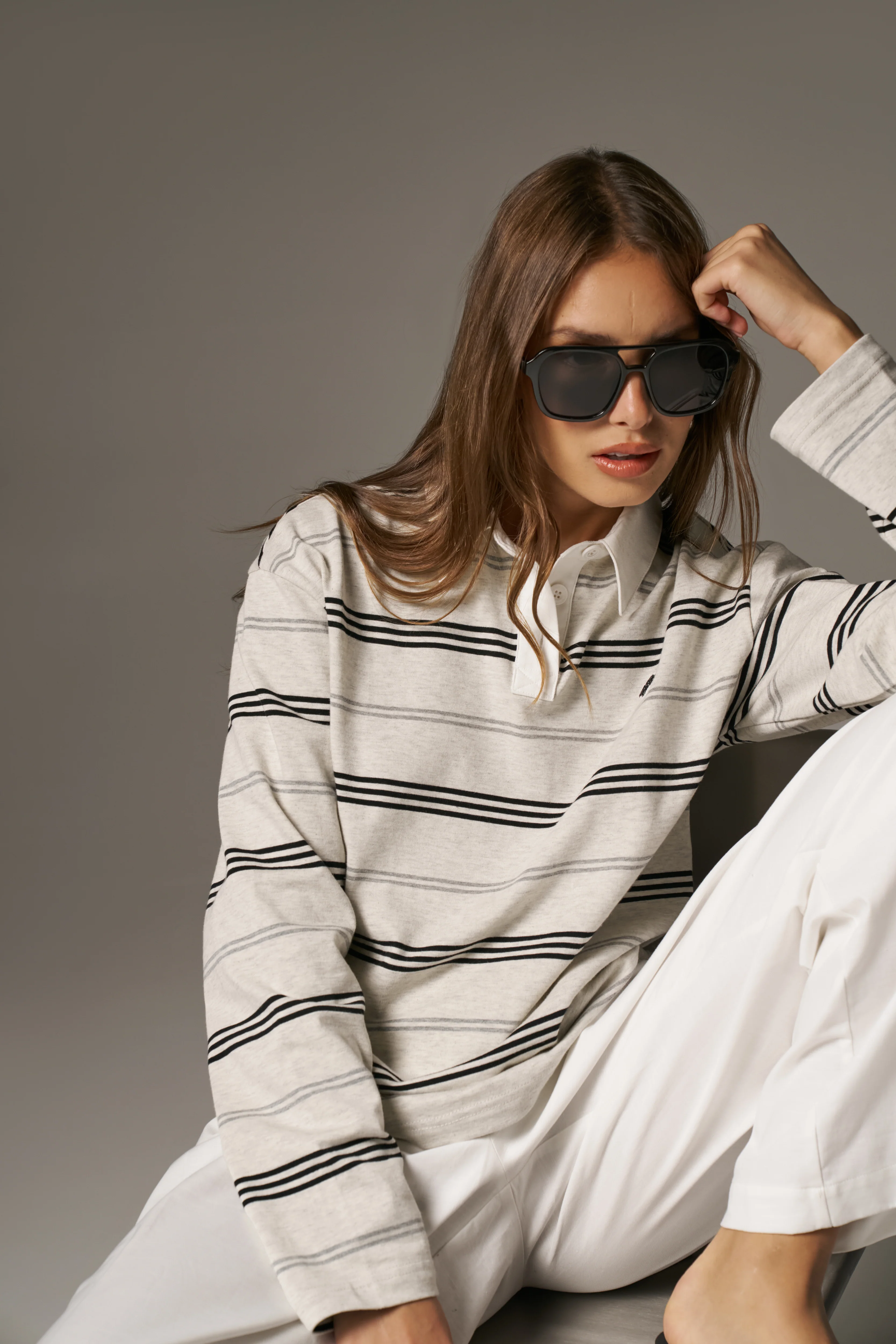 STRIPED LONG SLEEVE POLO TEE - GREY MARL