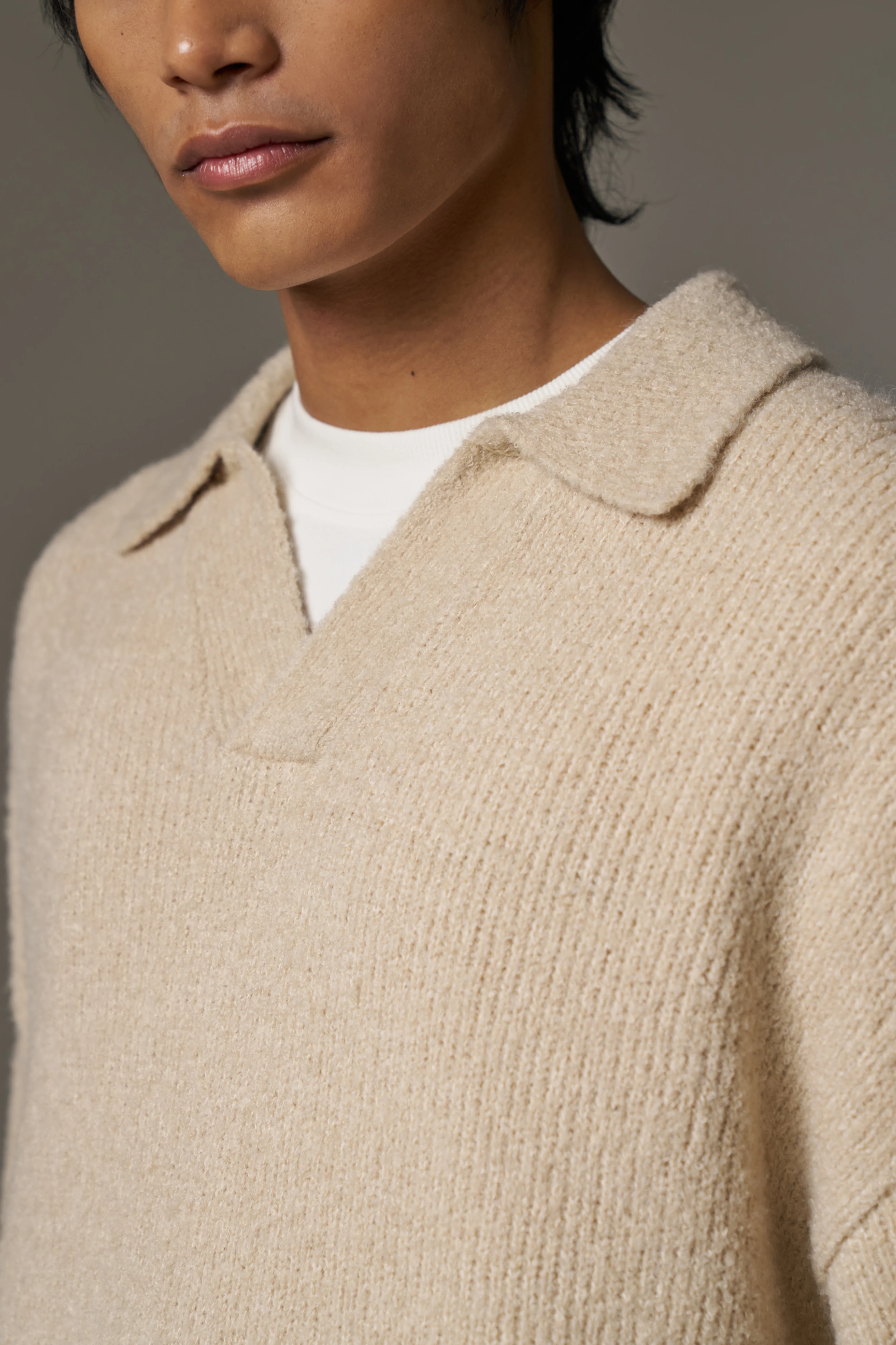 BOUCLE KNIT LONG SLEEVE POLO - STONE