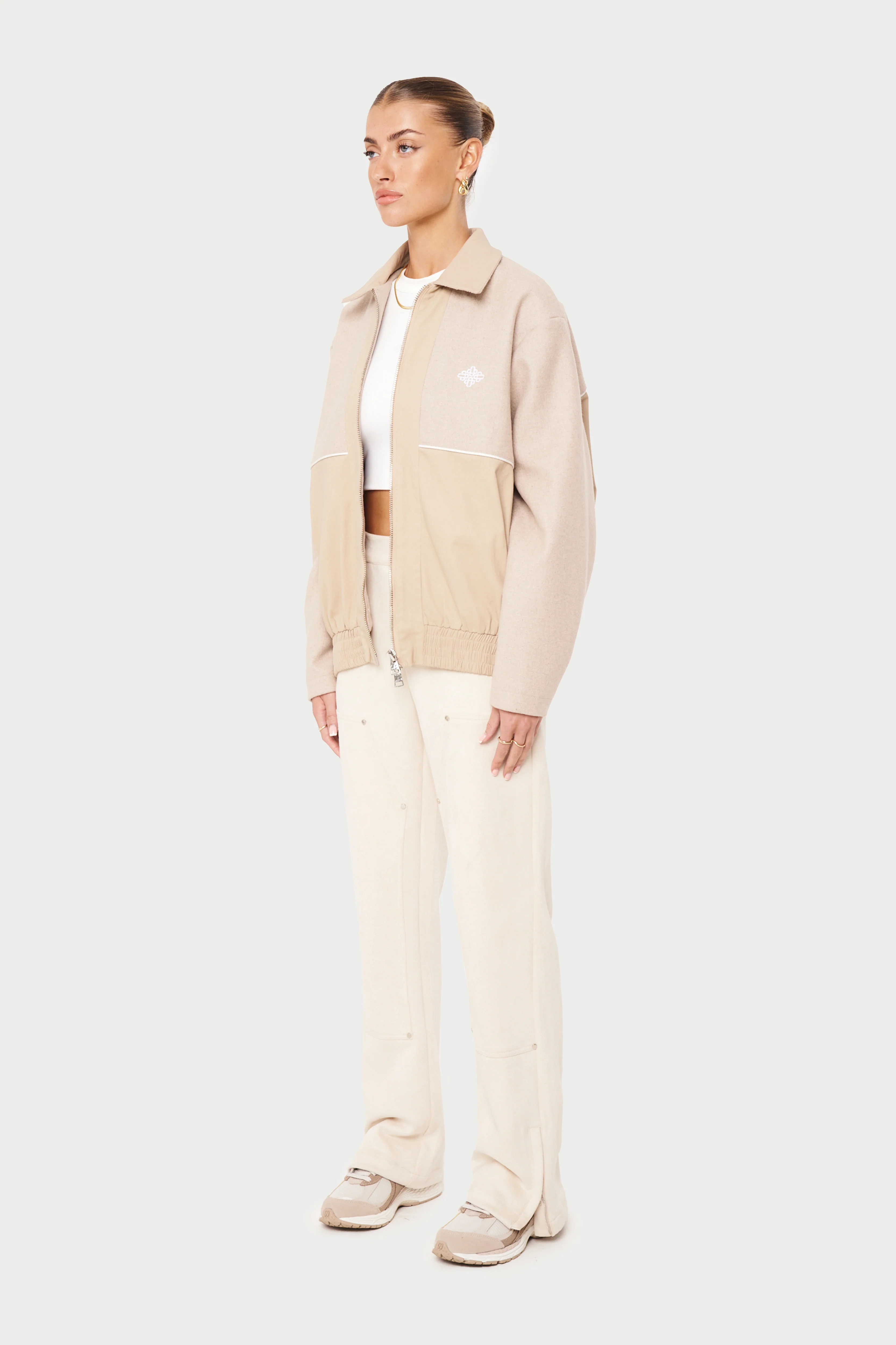 TWEED PANELLED BOMBER JACKET - BEIGE