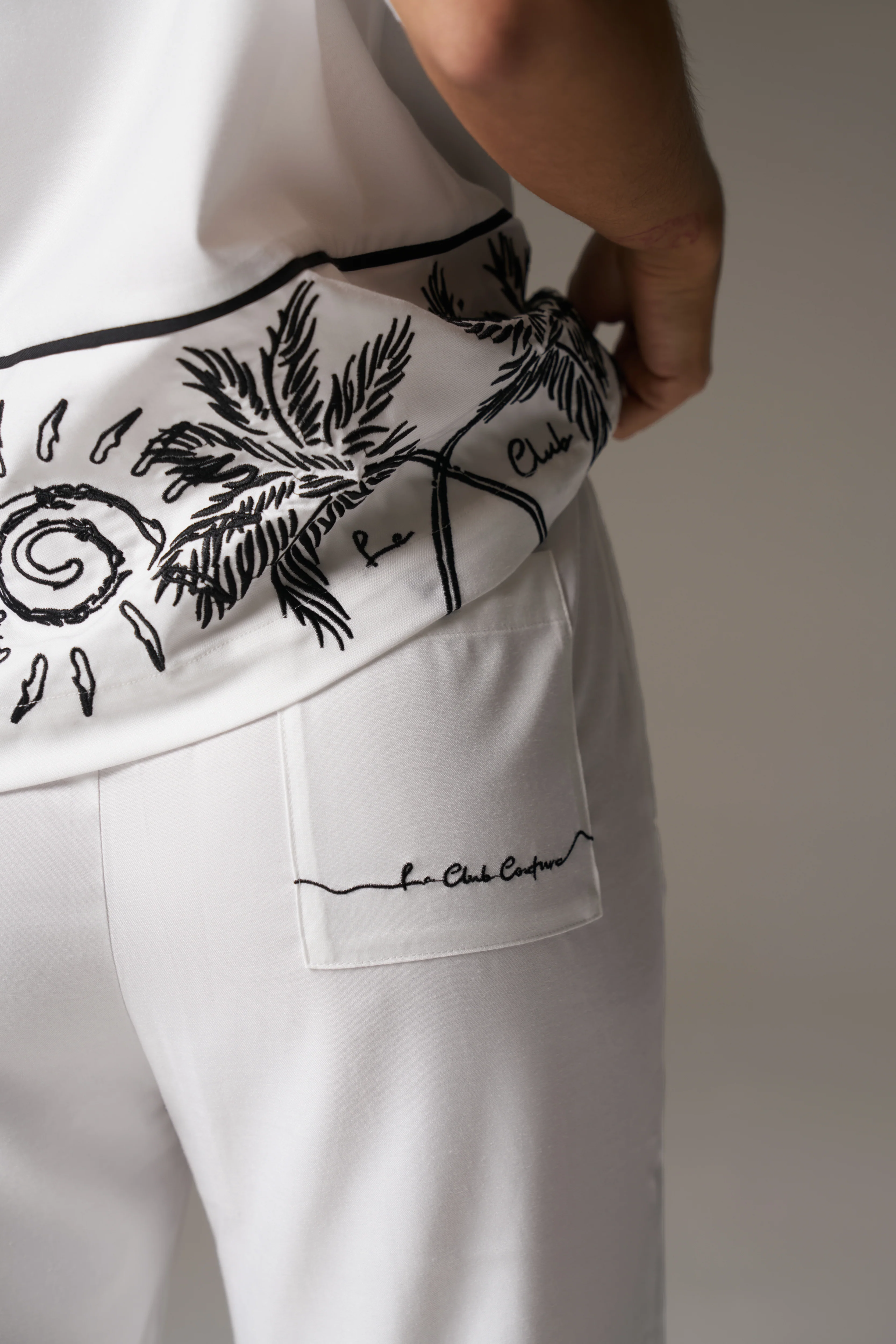 PALM EMBROIDERY WIDE LEG TROUSERS - WHITE