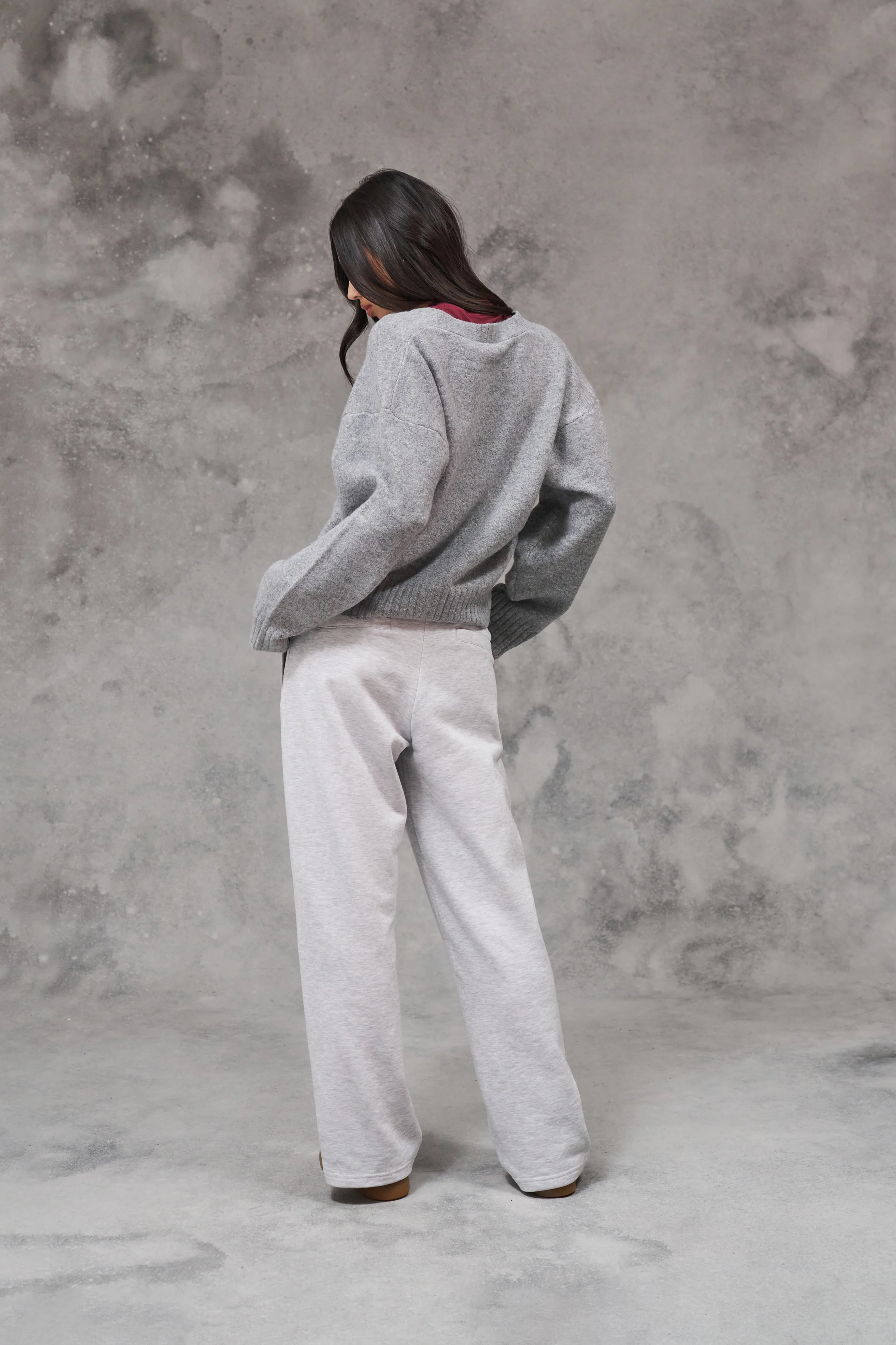 DOUBLE WAISTBAND WIDE LEG JOGGERS - GREY MARL