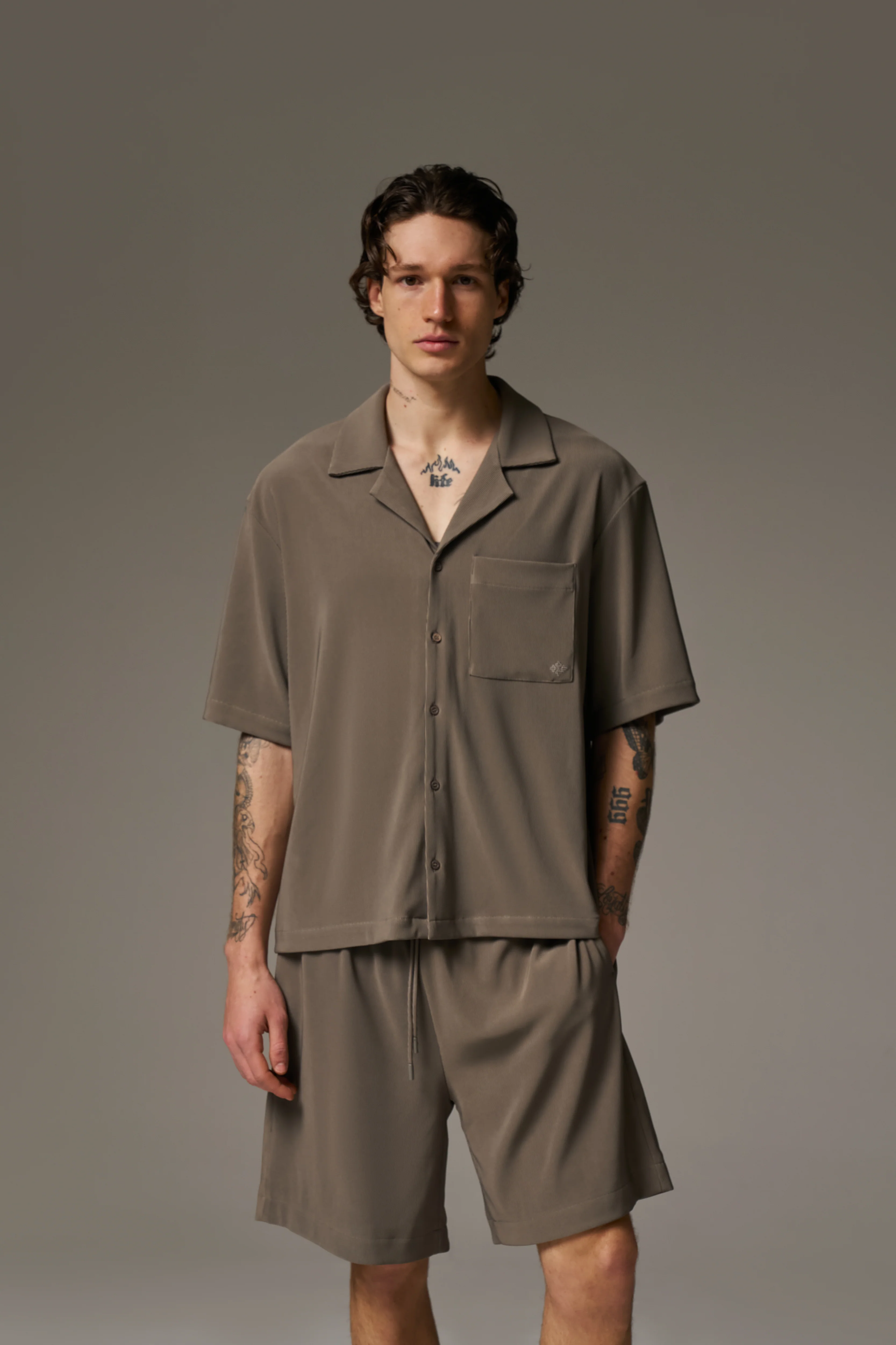 RIB BUTTON THROUGH SHIRT - MINK