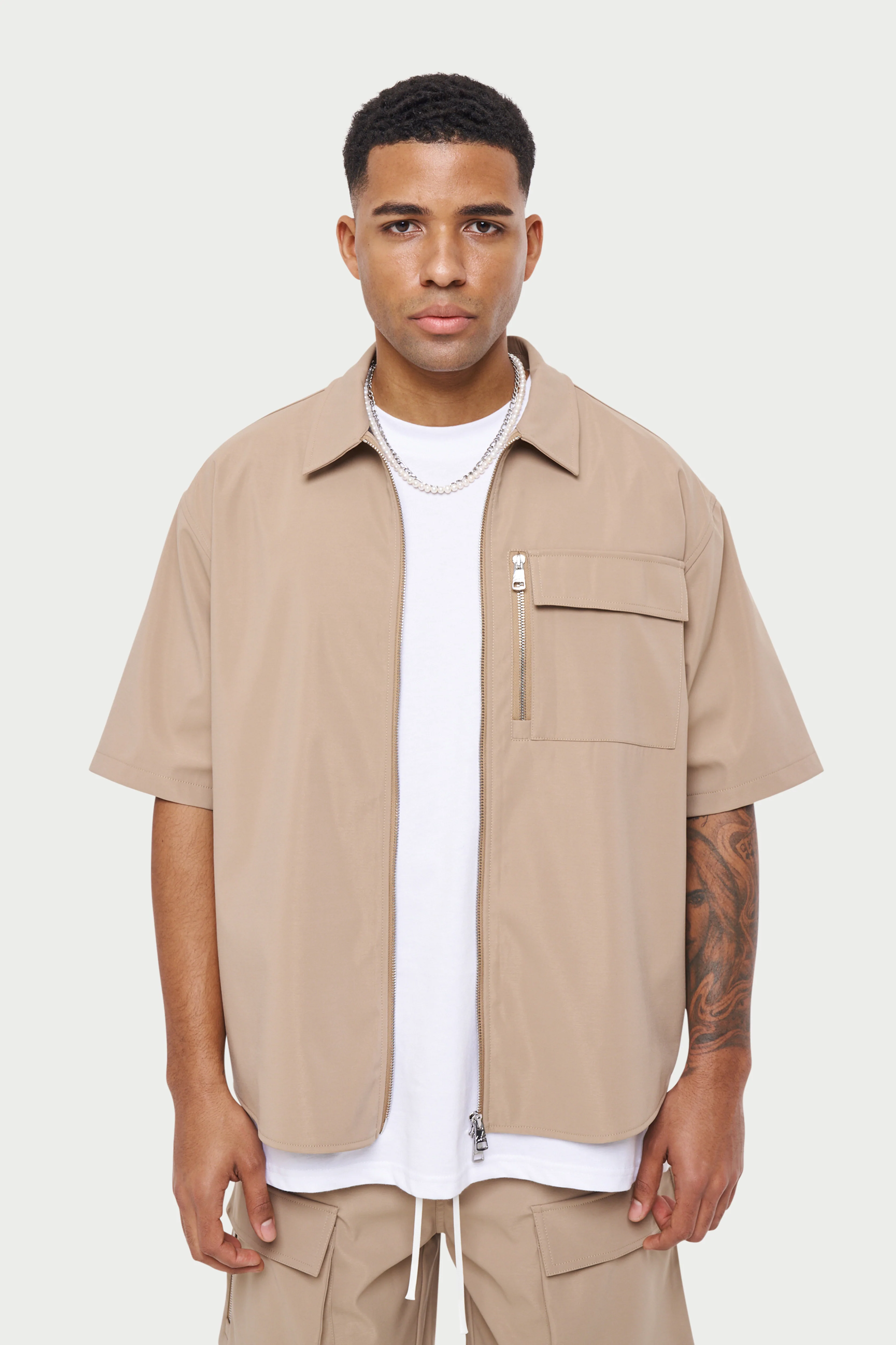TECHNICAL HEAVYWEIGHT ZIP OVERSHIRT - BEIGE