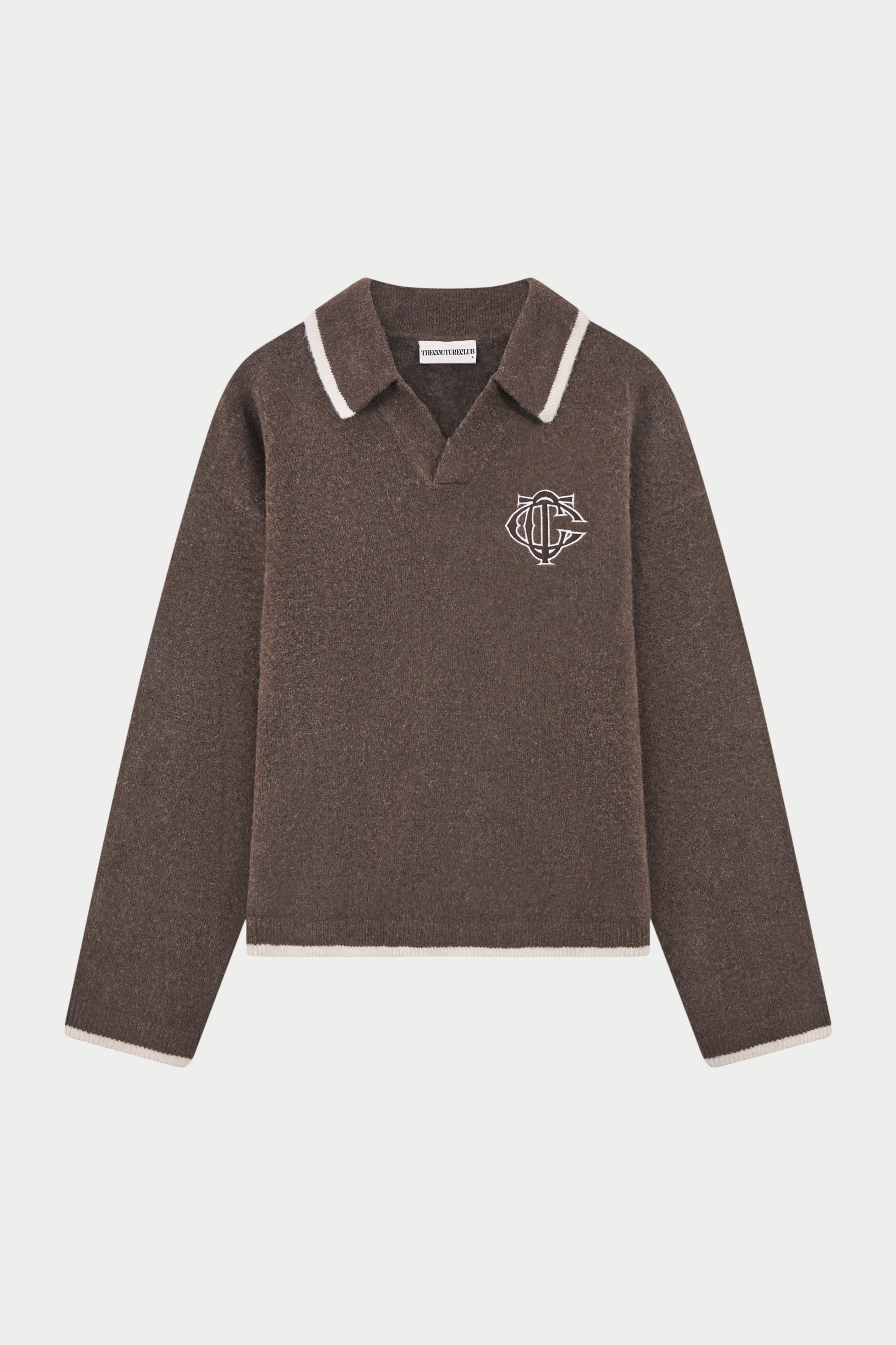 MONOGRAM EMBLEM KNITTED POLO TOP - BROWN