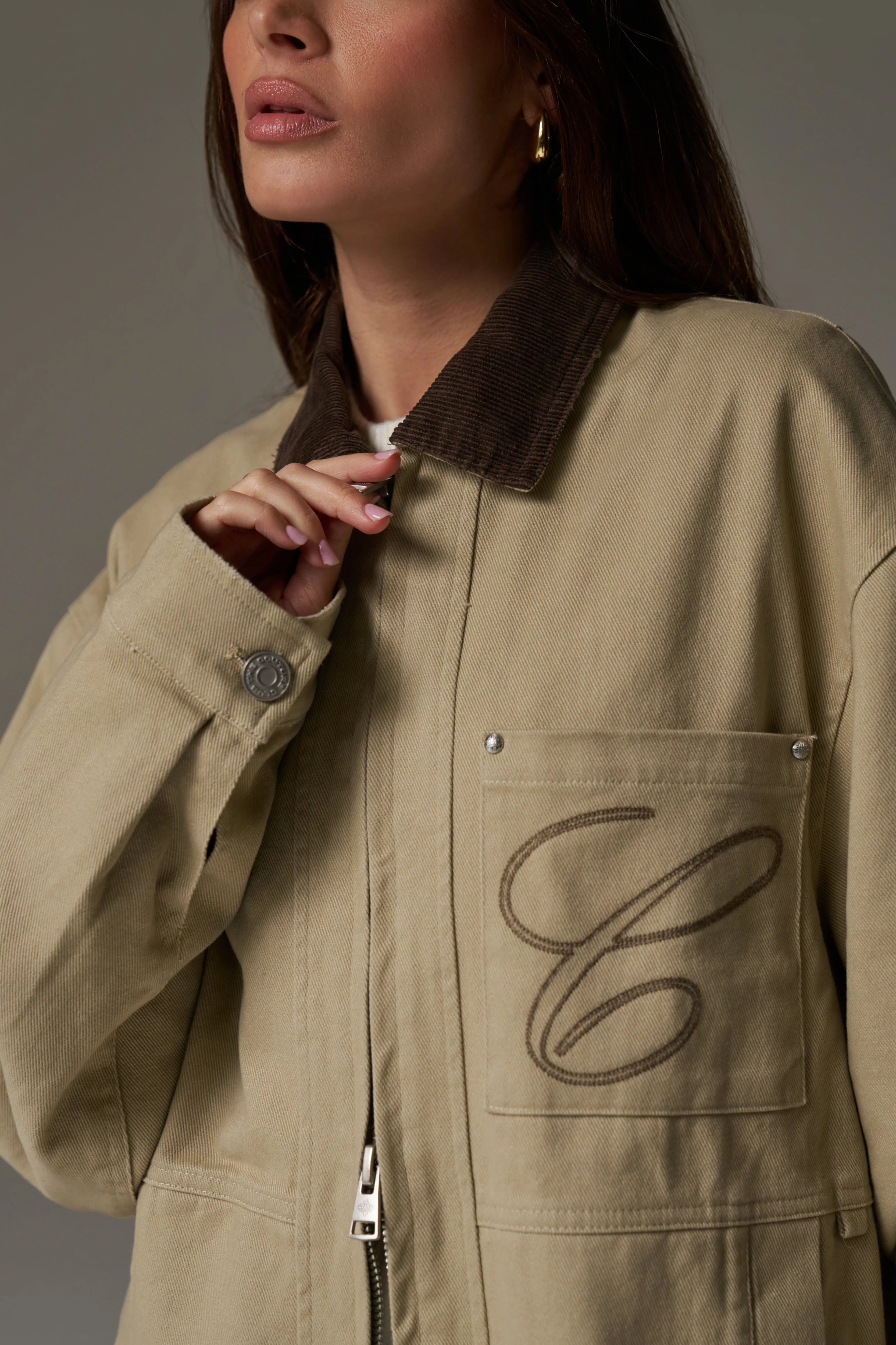 TWILL CONTRAST COLLAR JACKET - BEIGE