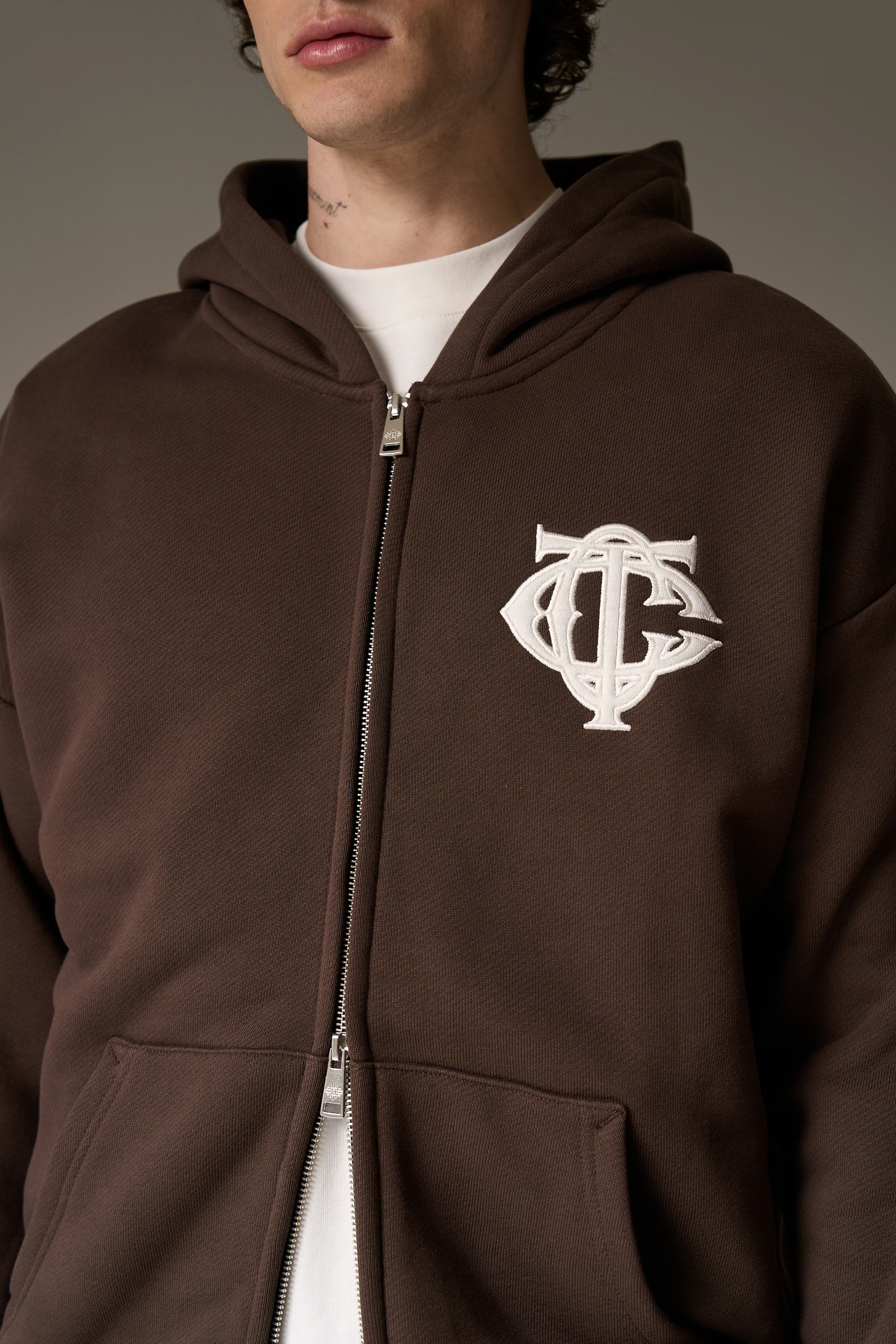 HEAVYWEIGHT MONOGRAM EMBLEM ZIP THROUGH - BROWN