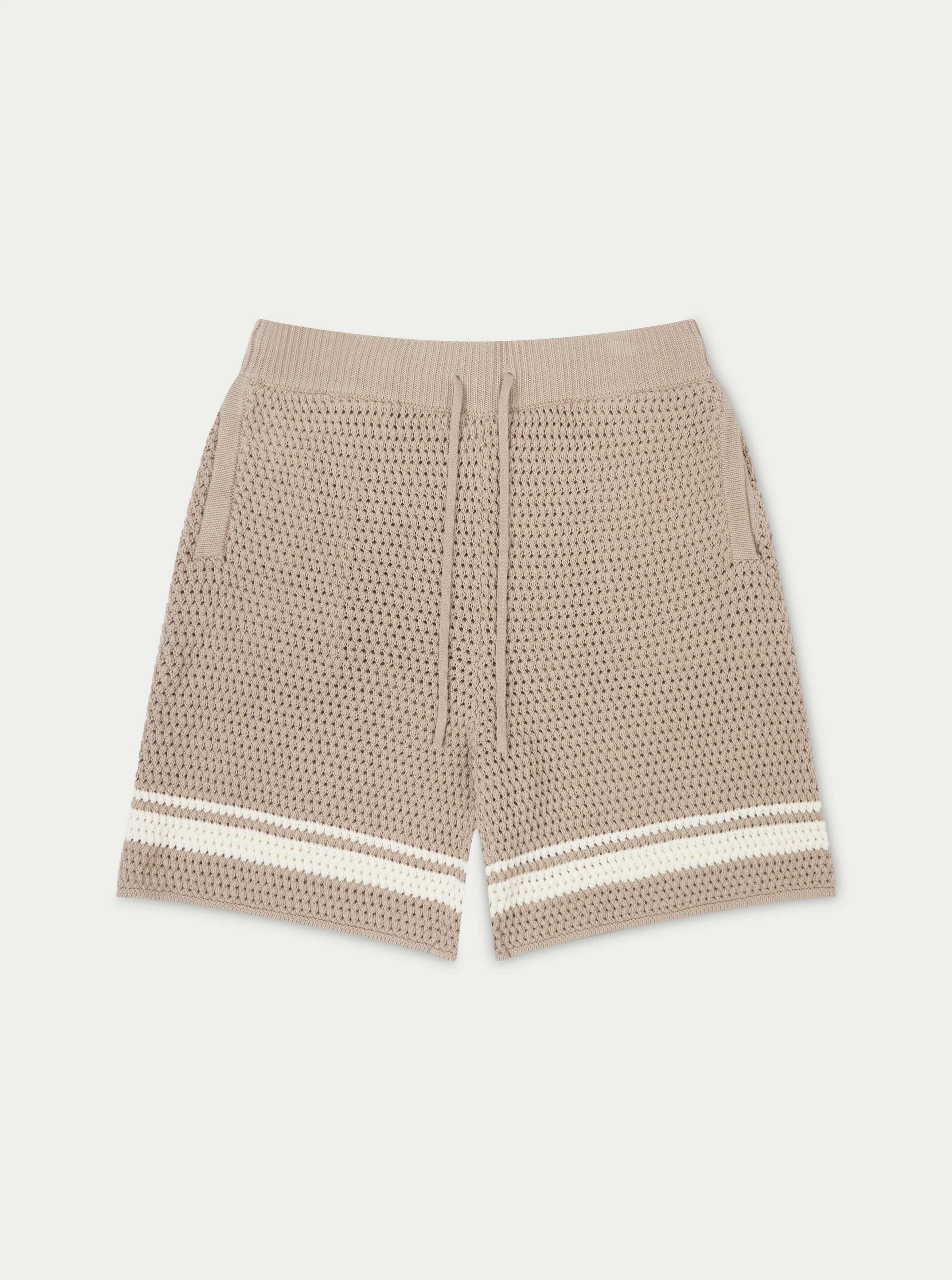 CROCHET KNITTED CONTRAST STRIPE SHORTS - BROWN