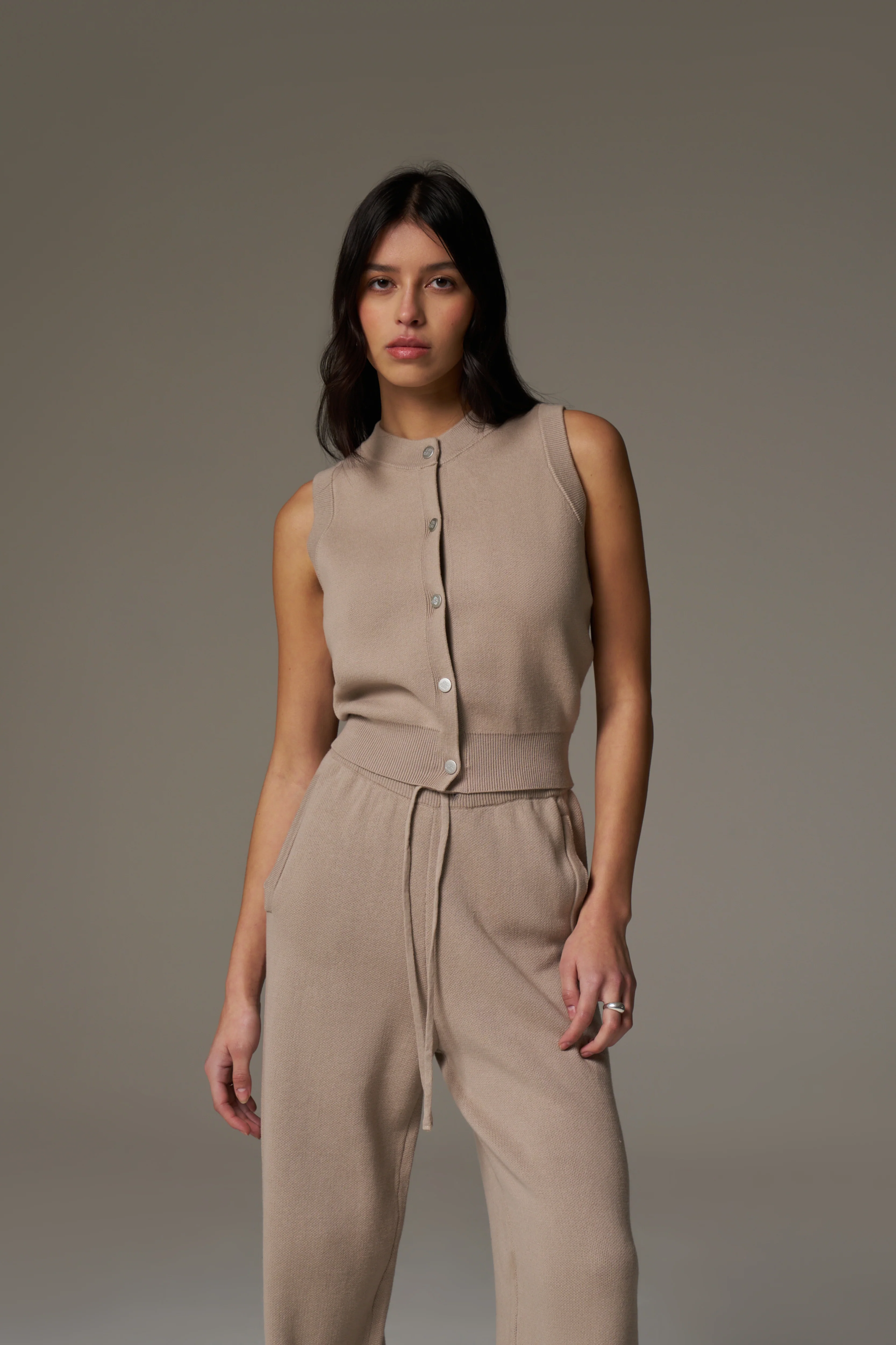 KNIT BUTTON THROUGH TOP - BEIGE