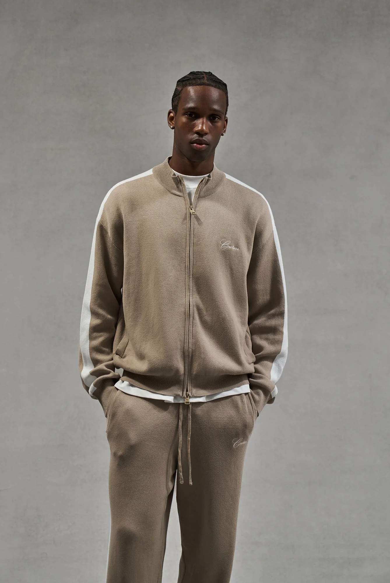 SIDE STRIPE KNITTED TRACK JACKET - BEIGE