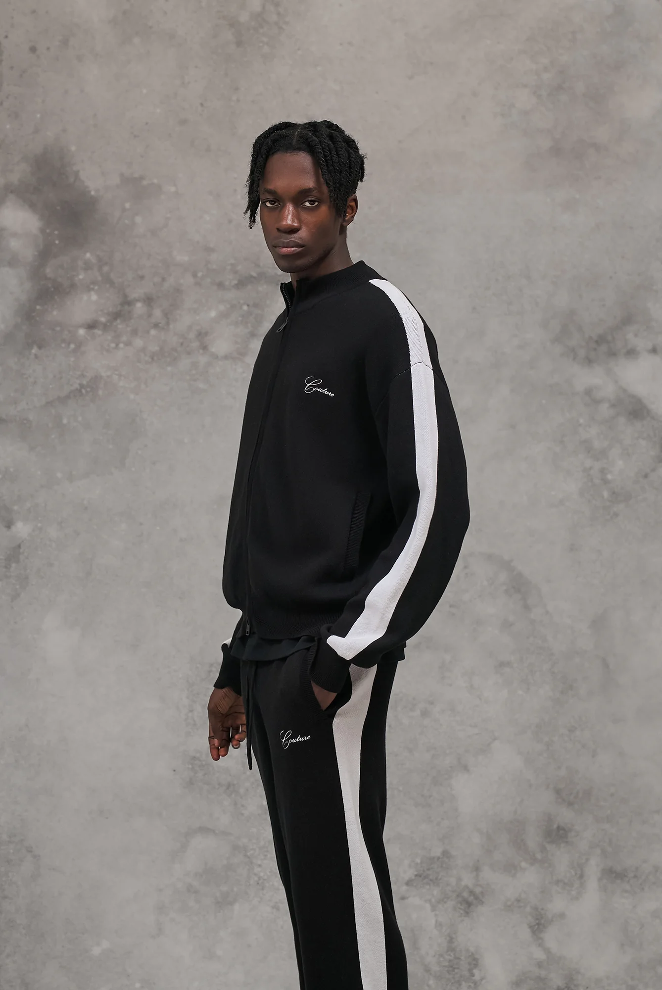 SIDE STRIPE KNITTED TRACK JACKET - BLACK