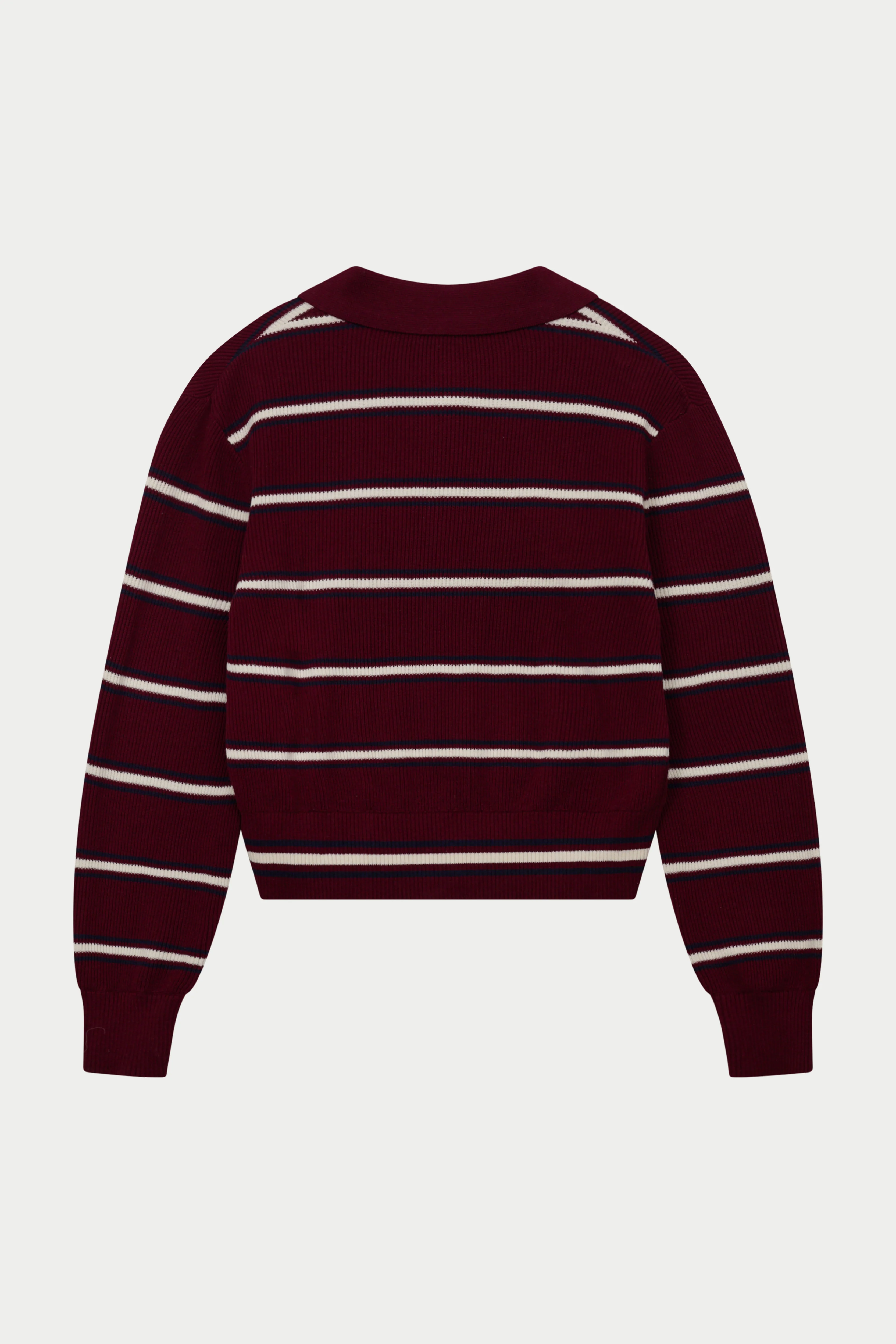 STRIPE KNITTED BUTTON THROUGH POLO - BURGUNDY
