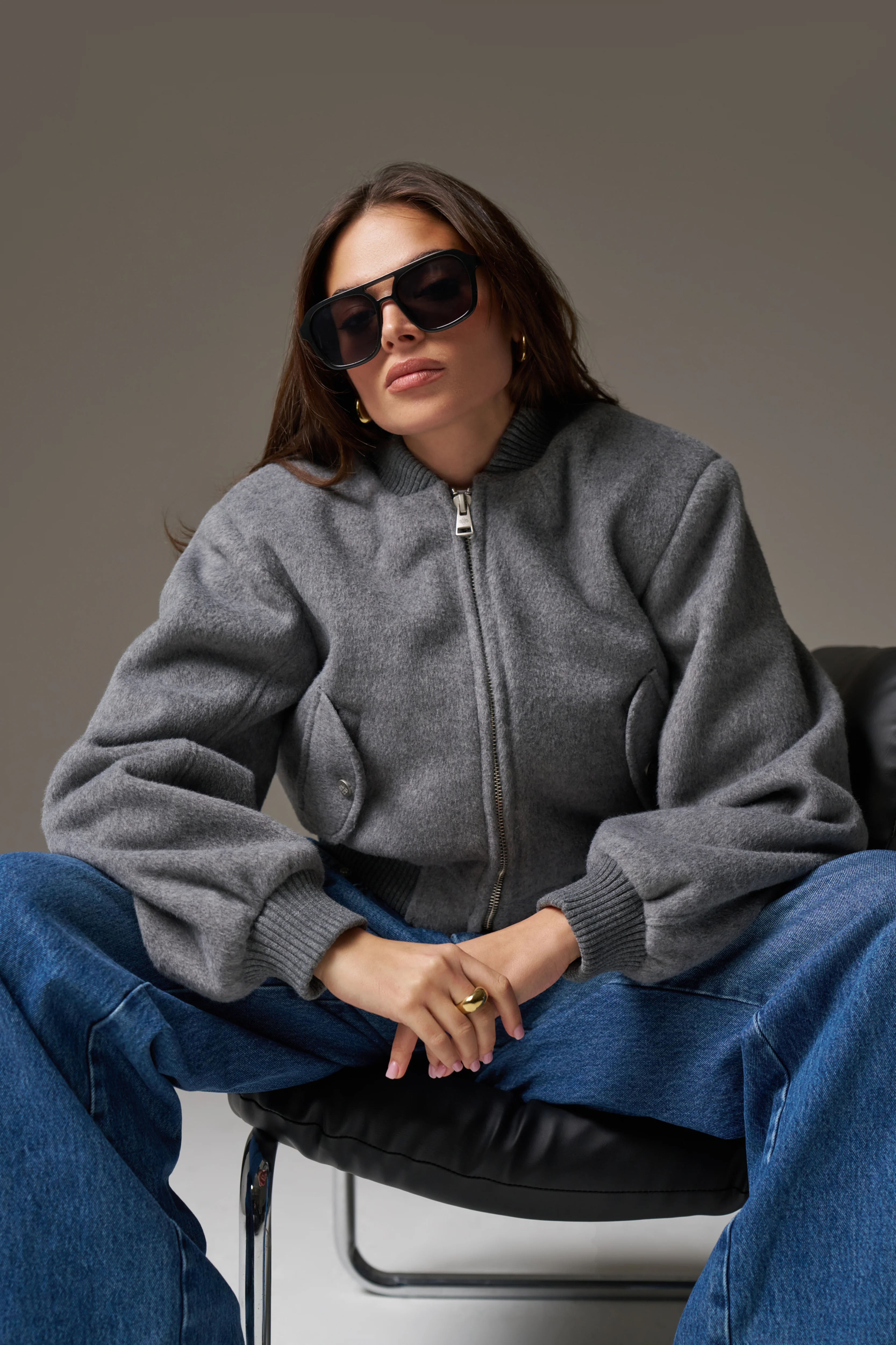 SHOULDER PADDED WOOL BLEND BOMBER JACKET - GREY MARL