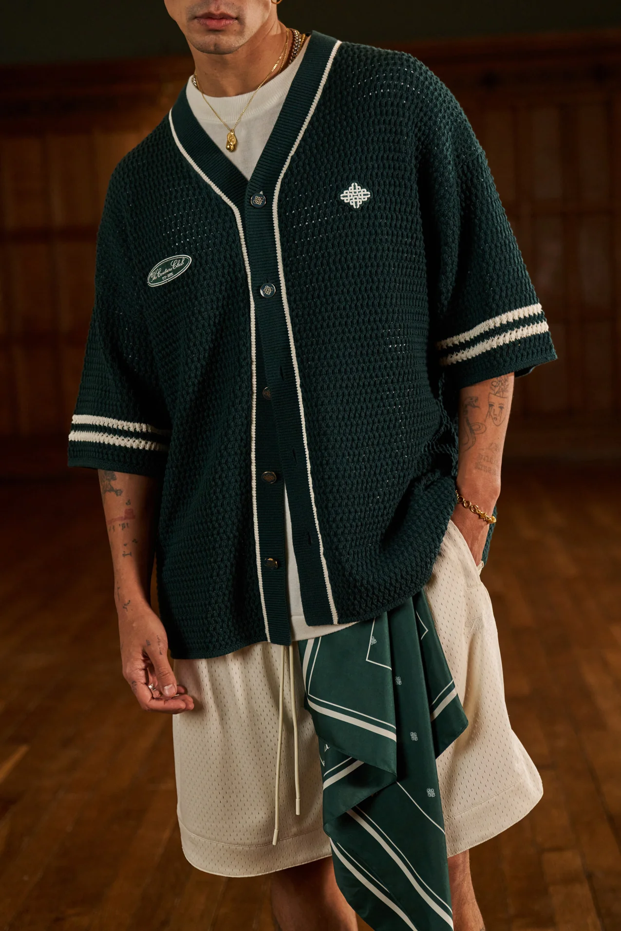 CROCHET KNITTED BASEBALL SHIRT - GREEN