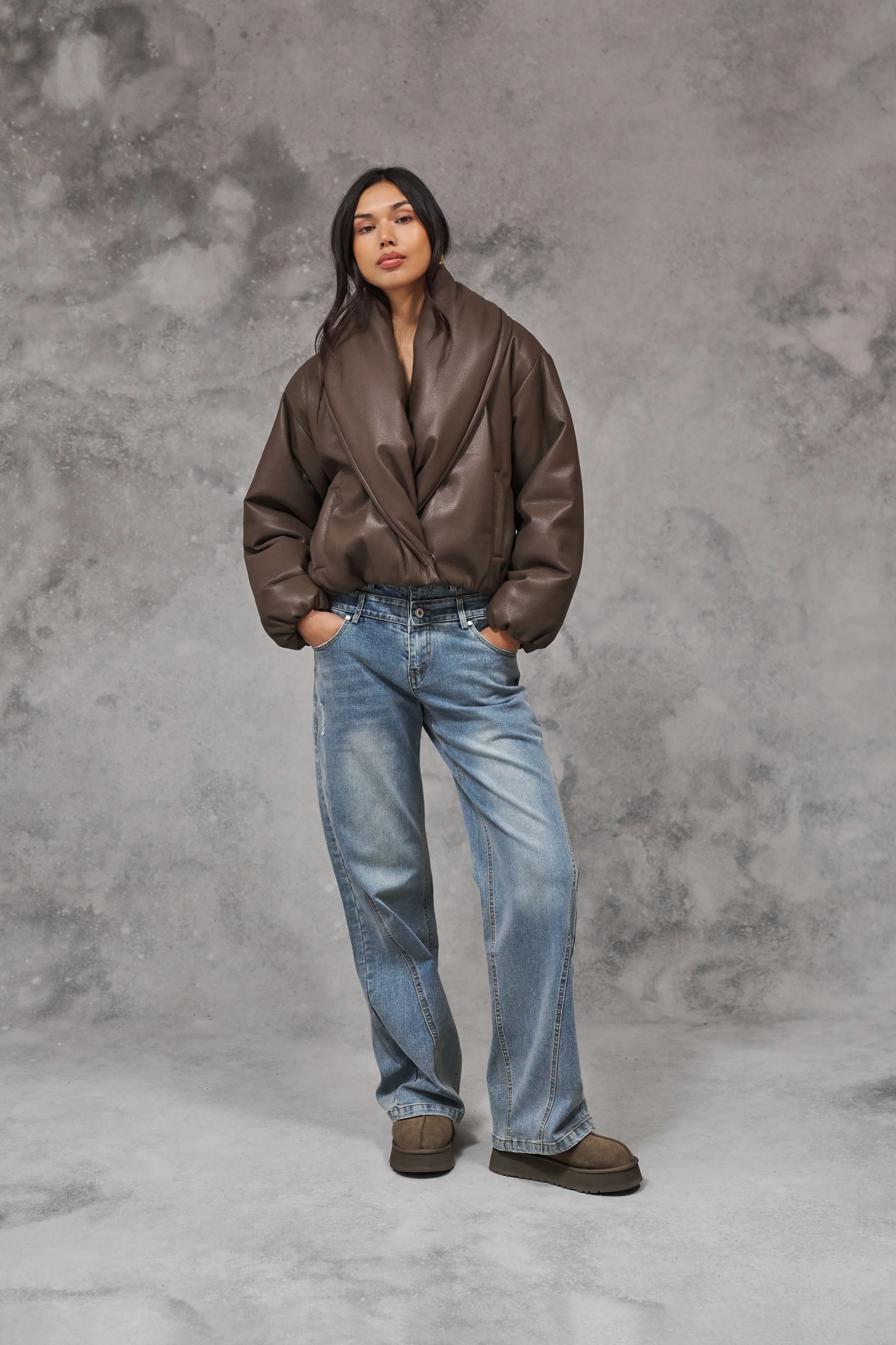 OVERSIZED COLLAR FAUX LEATHER PUFFER COAT - BROWN