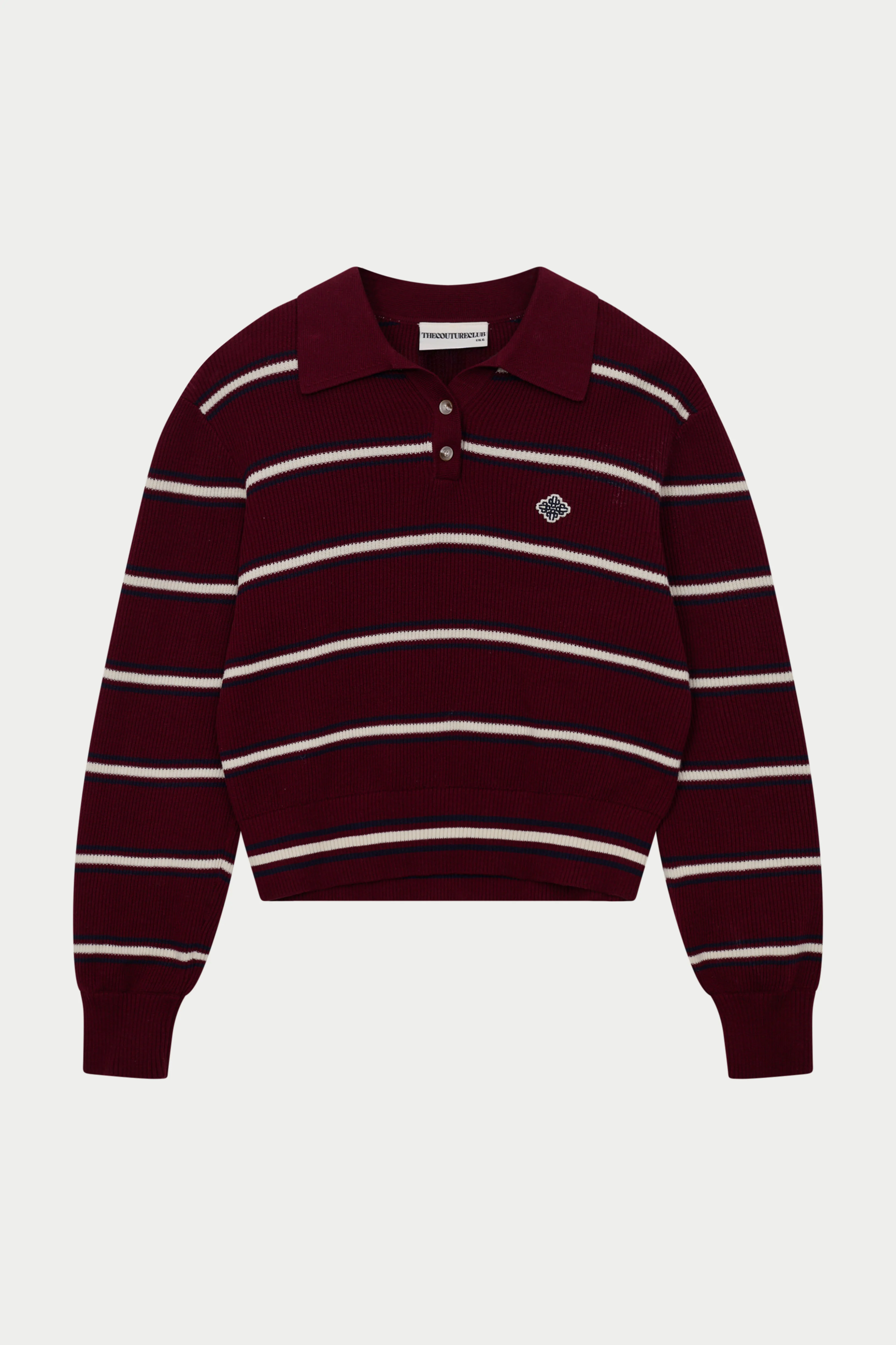 STRIPE KNITTED BUTTON THROUGH POLO - BURGUNDY