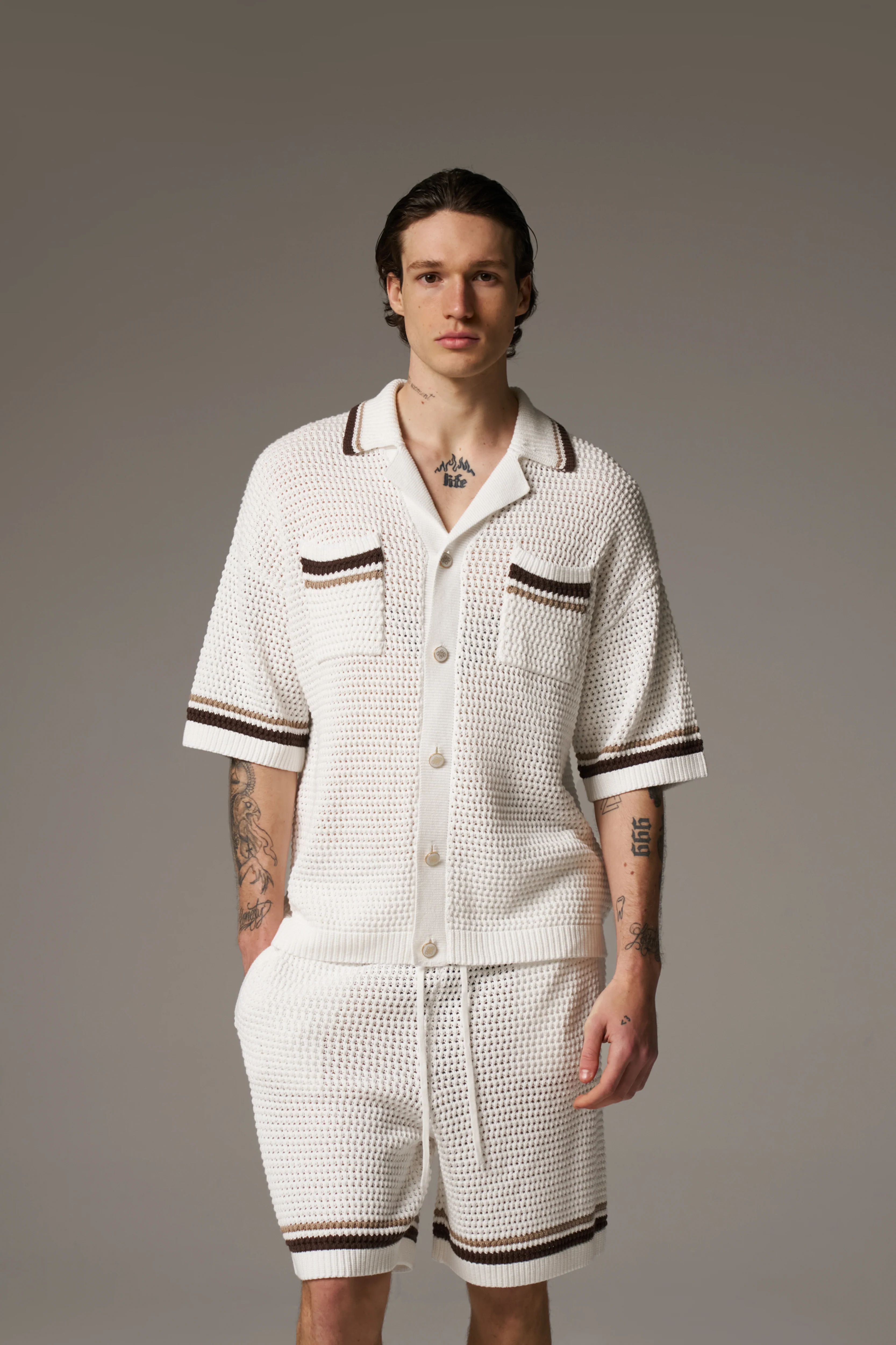 CROCHET KNITTED STRIPE SHIRT - WHITE/BROWN