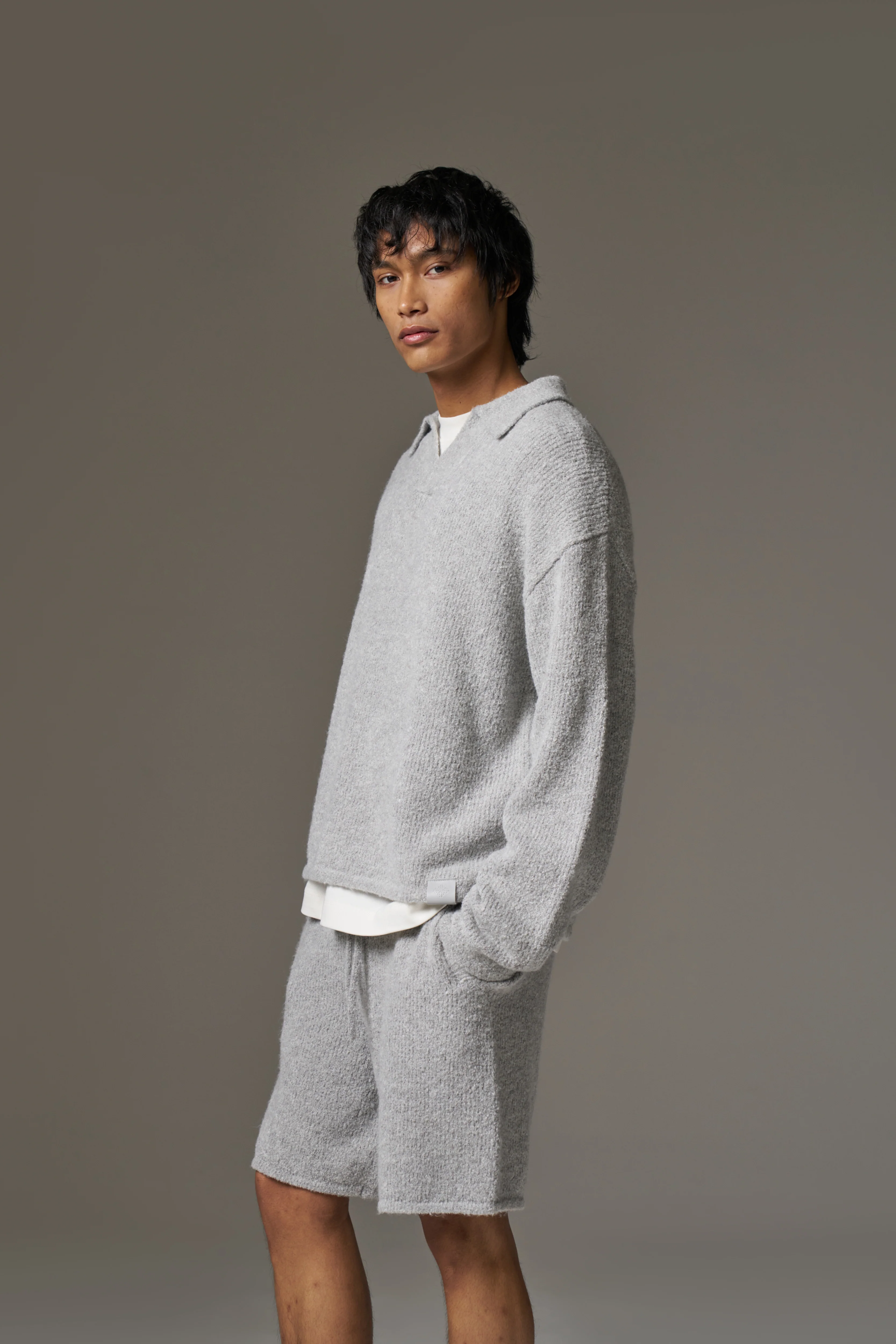 BOUCLE KNIT LONG SLEEVE POLO - GREY MARL