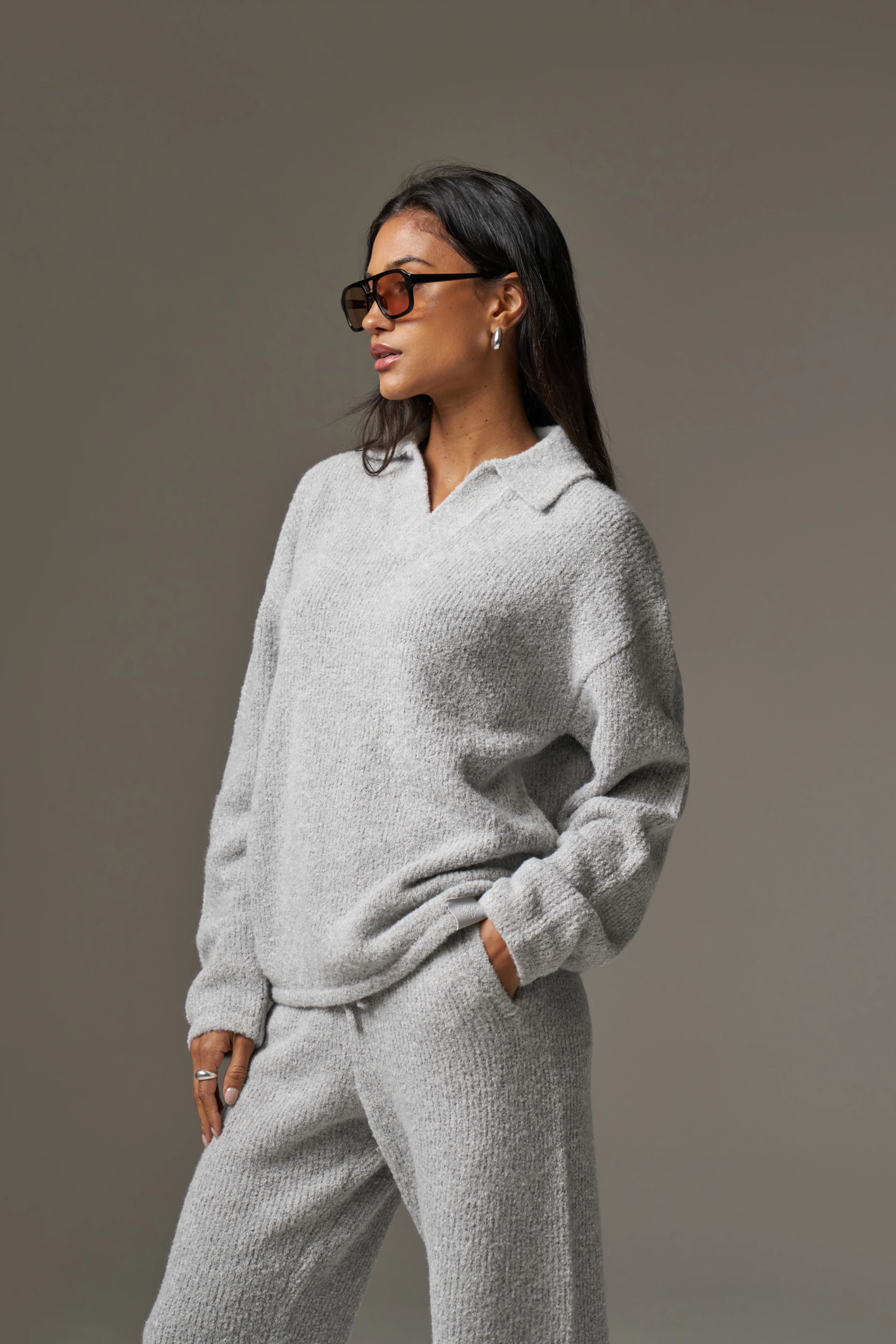 BOUCLE KNIT LONG SLEEVE POLO - GREY MARL