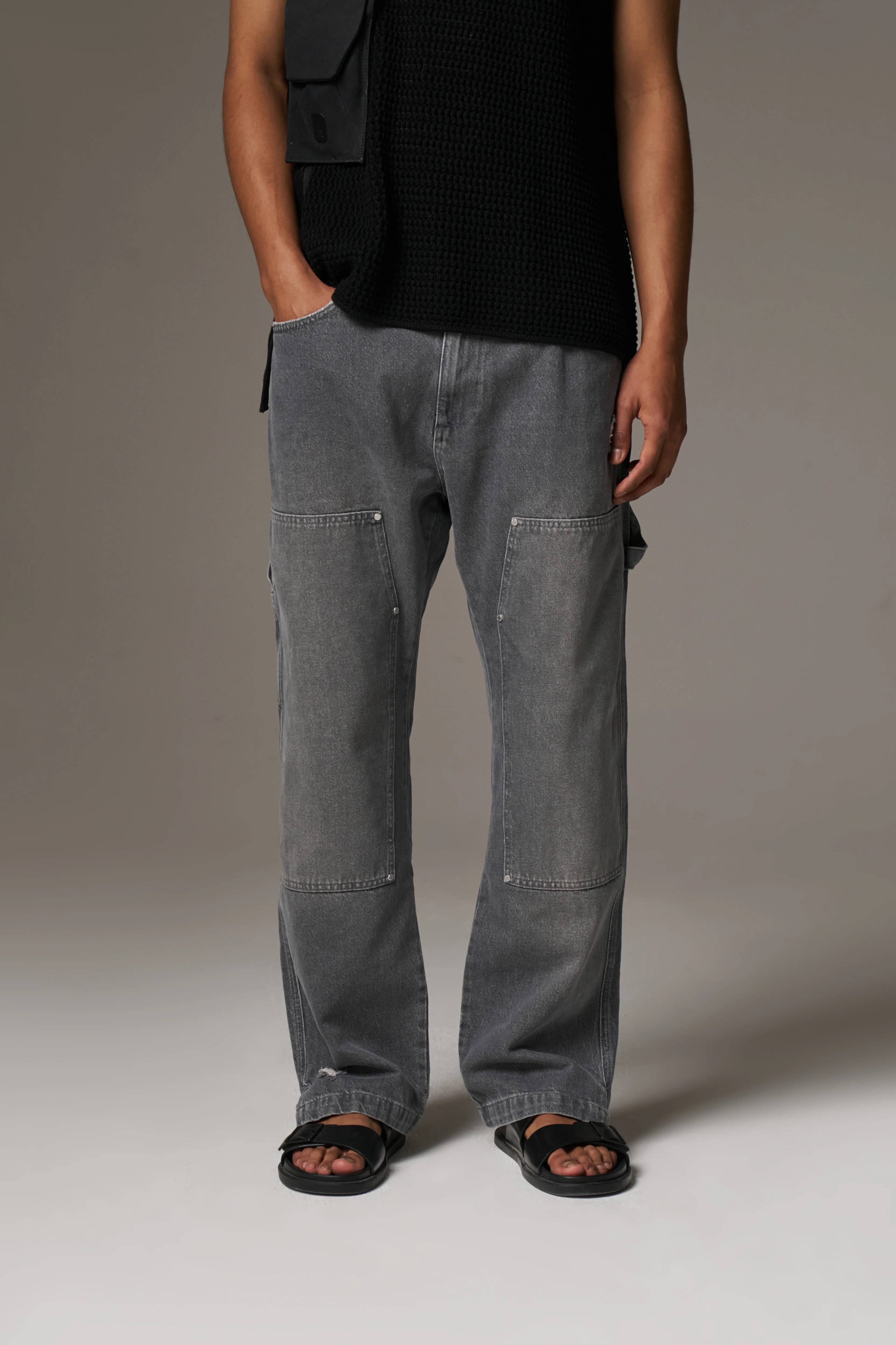 DENIM RIVET DETAIL CARPENTER JEANS - GREY WASH