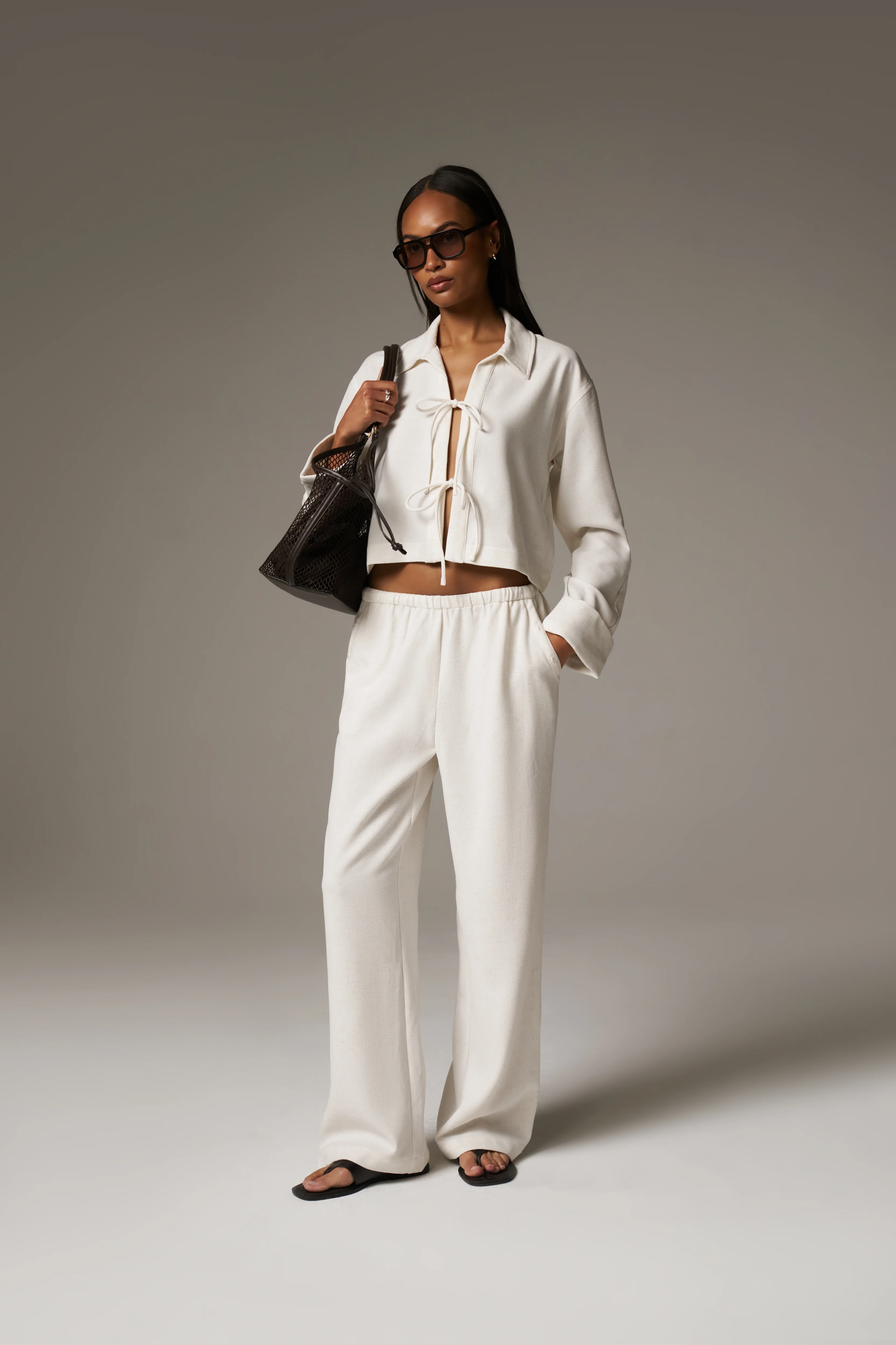 TEXTURED LINEN BUTTON DETAIL TROUSER - BEIGE