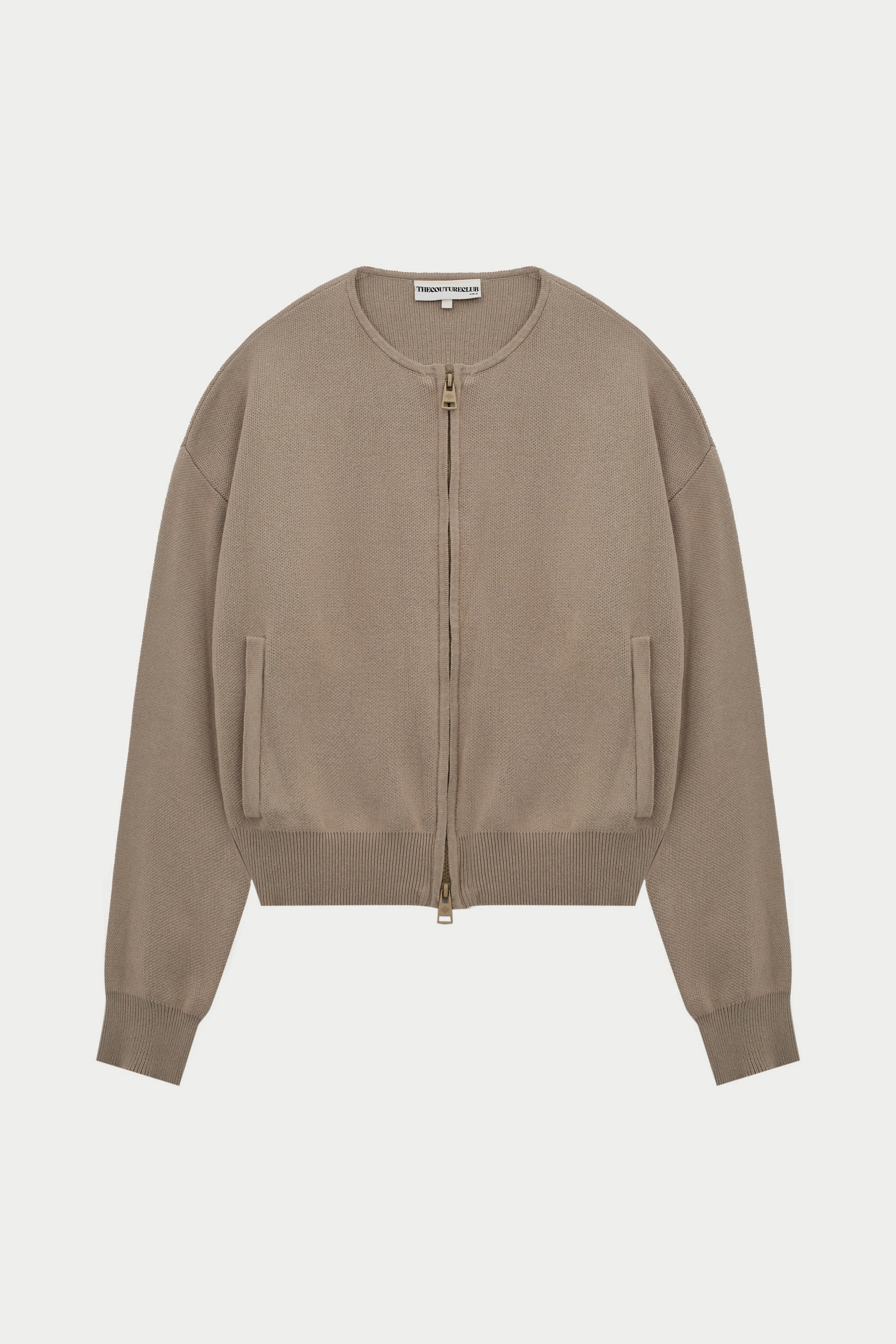 COLLARLESS KNITTED ZIP THROUGH BOMBER - BEIGE