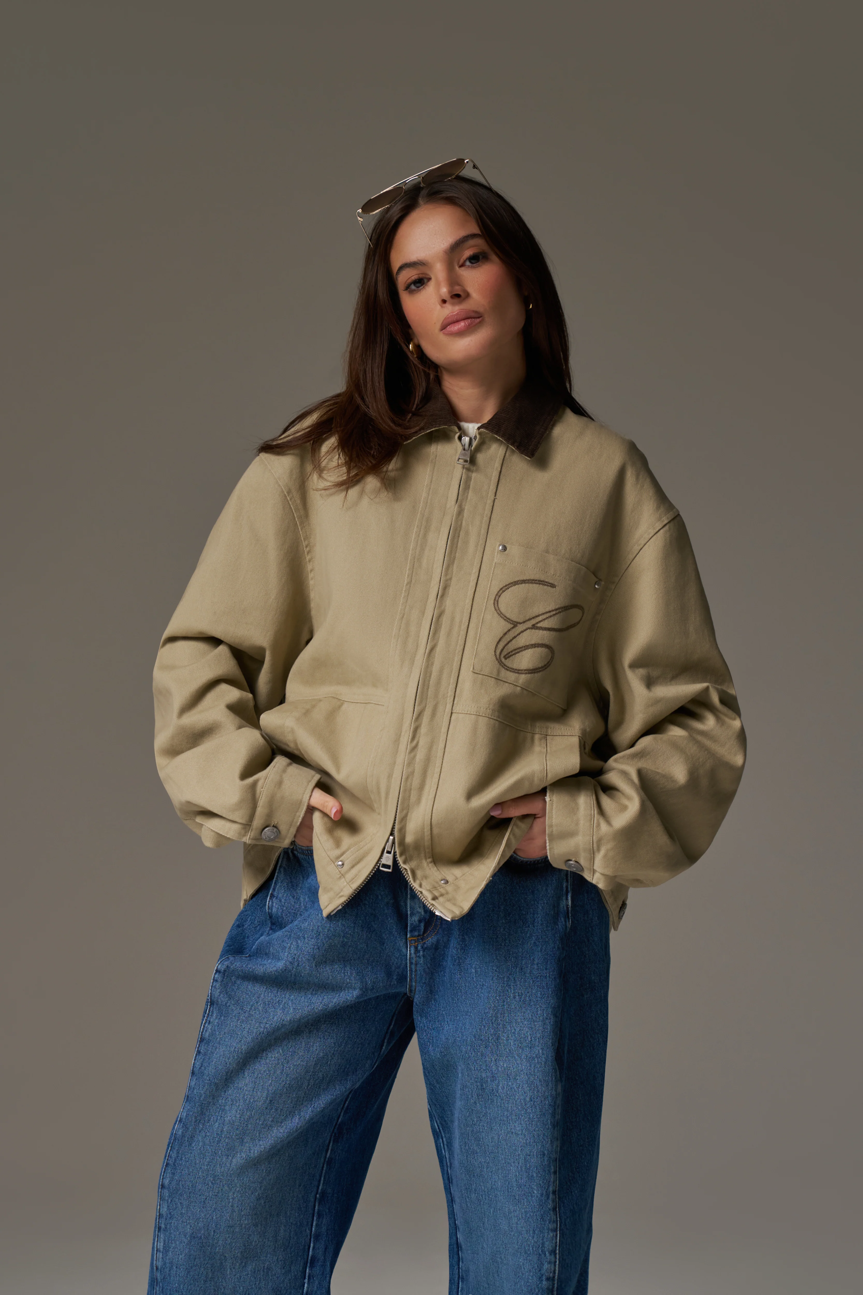 TWILL CONTRAST COLLAR JACKET - BEIGE