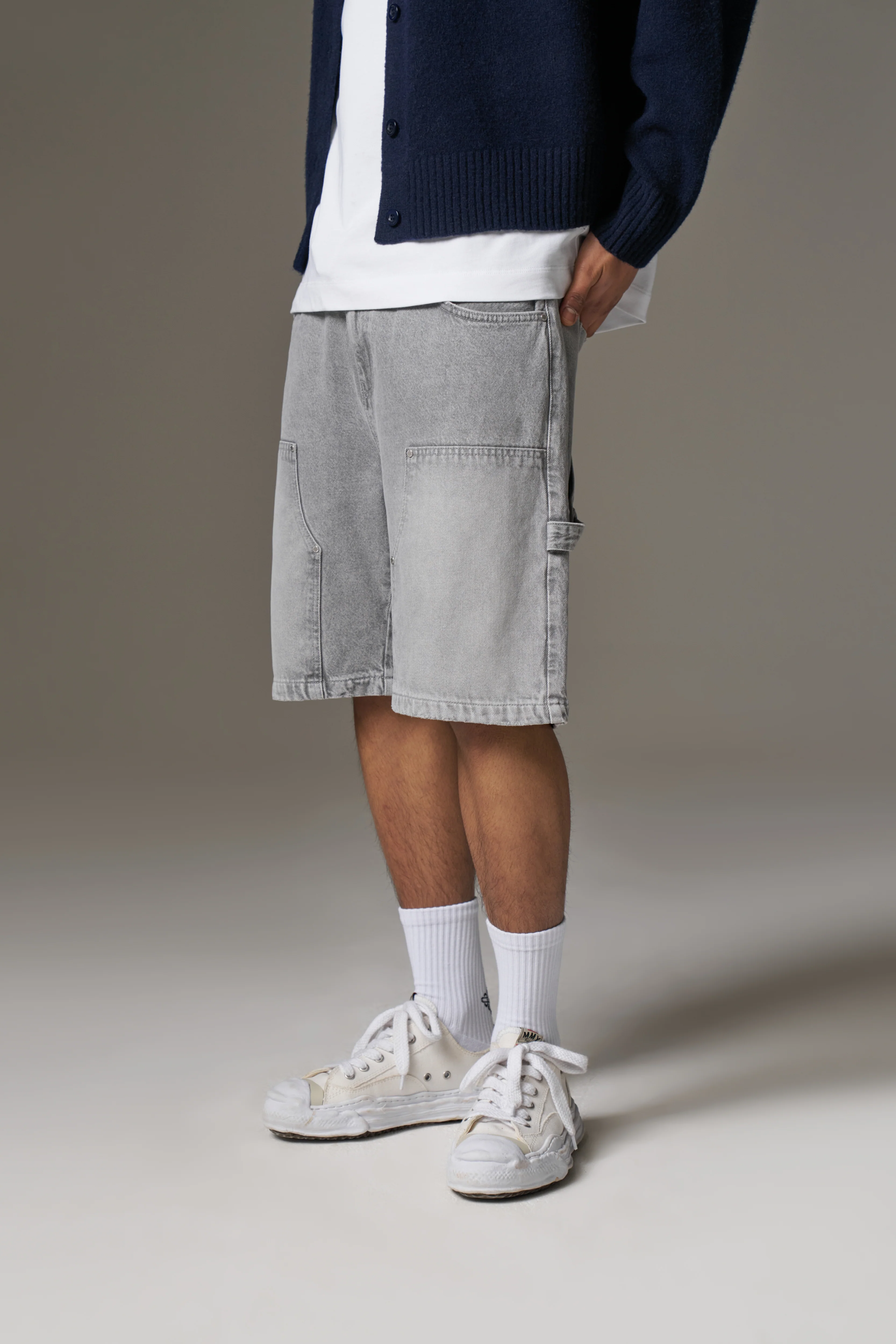 DENIM CARPENTER SHORTS - GREY WASH