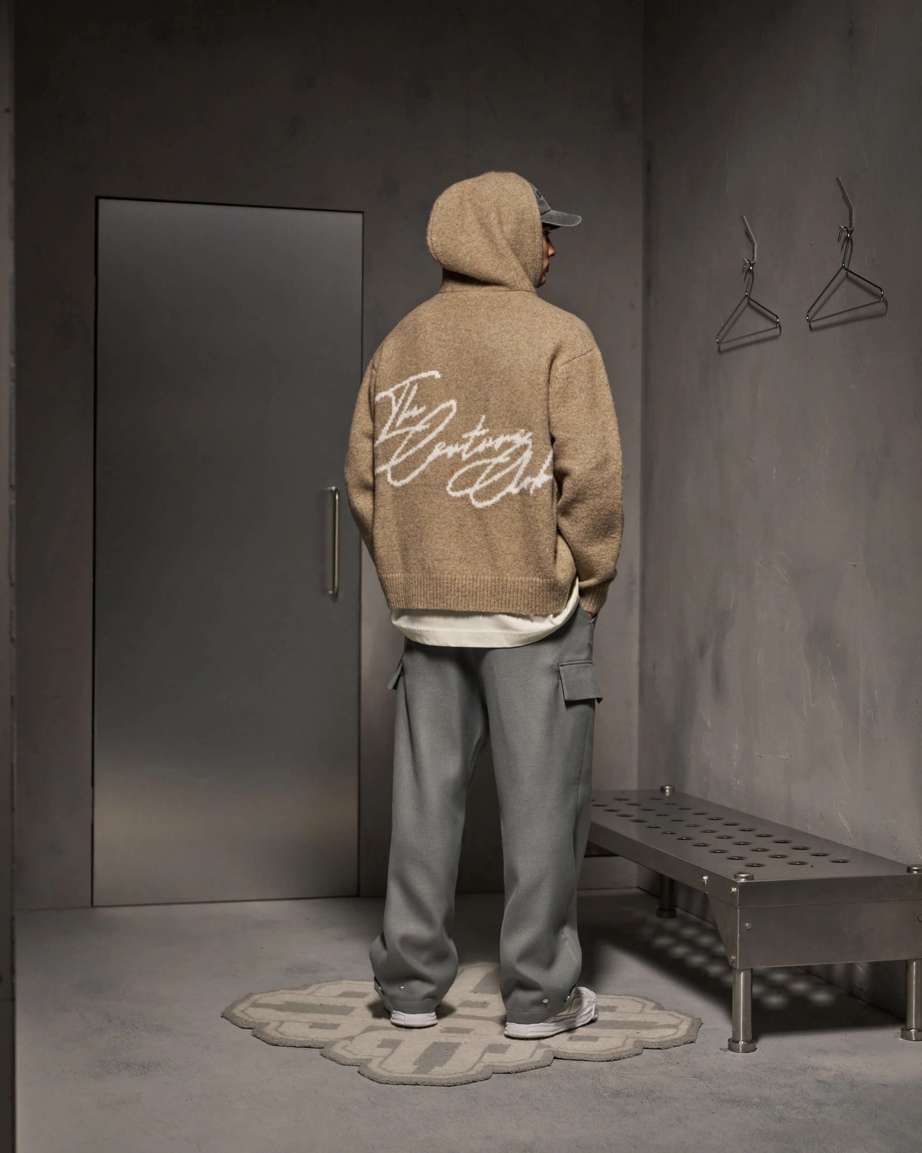 SCRIPT LOGO GRAPHIC KNITTED HOODIE - BEIGE