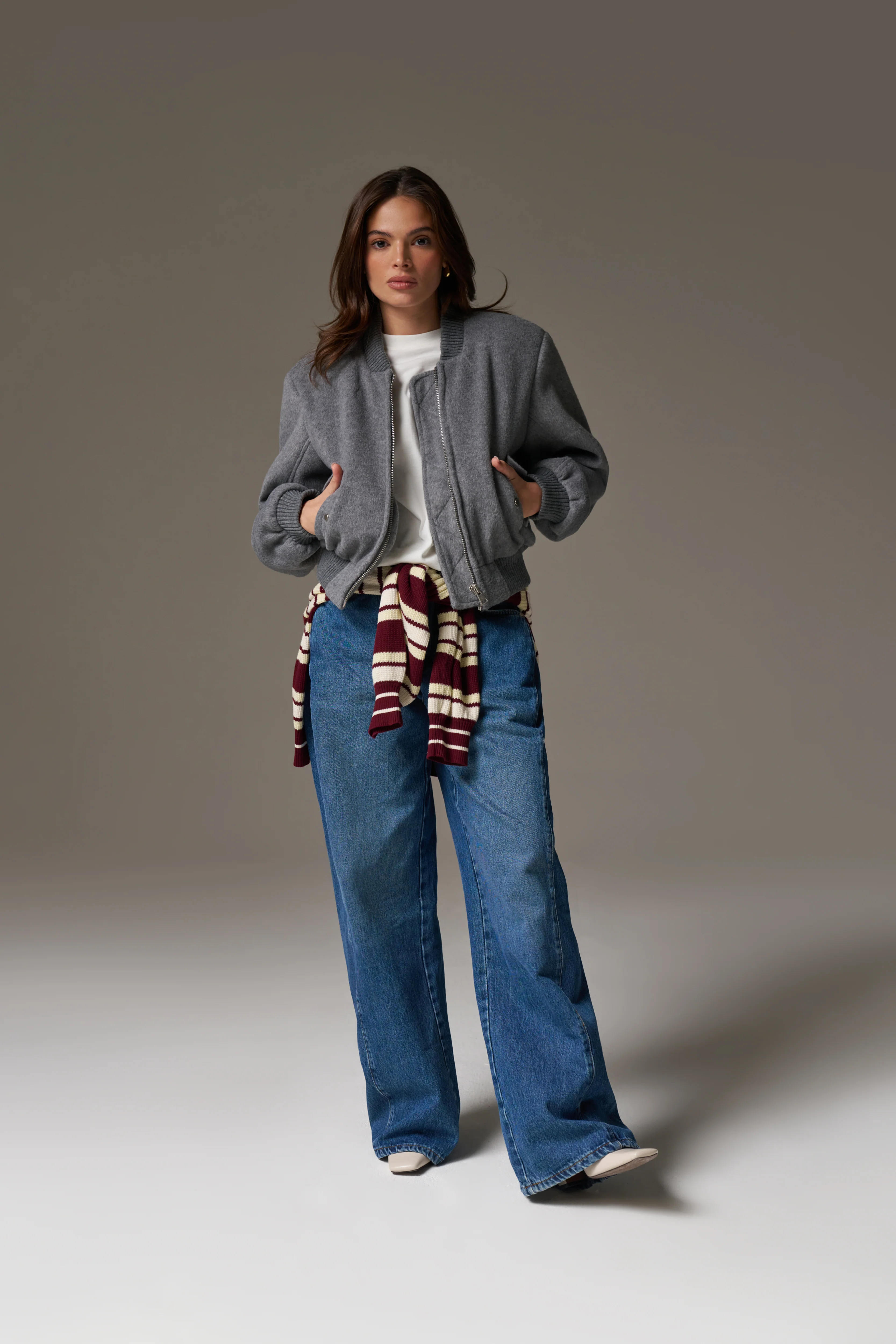 SHOULDER PADDED WOOL BLEND BOMBER JACKET - GREY MARL