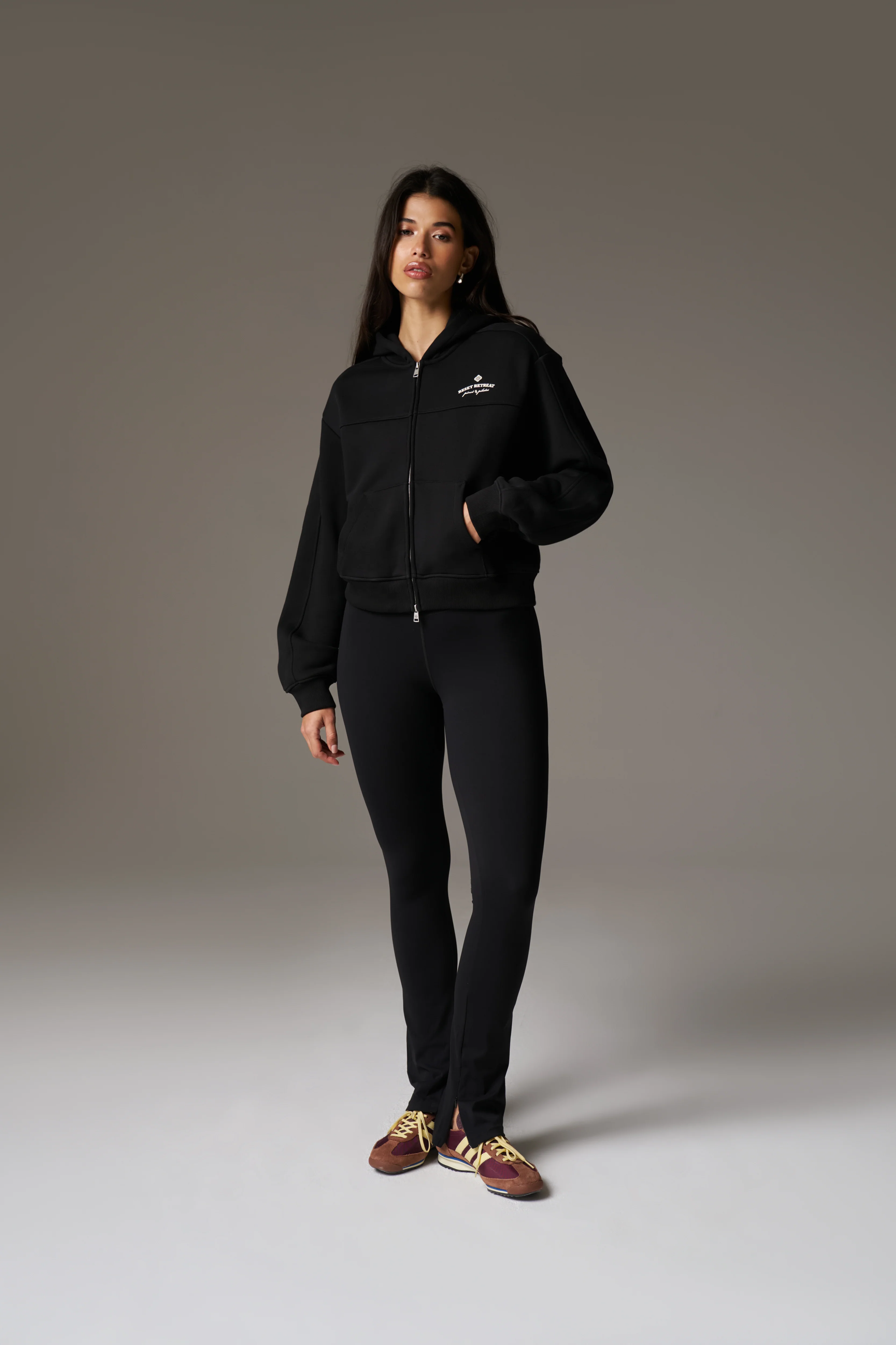 PILATES & PINOT ZIP THROUGH CROPPED HOODIE - BLACK