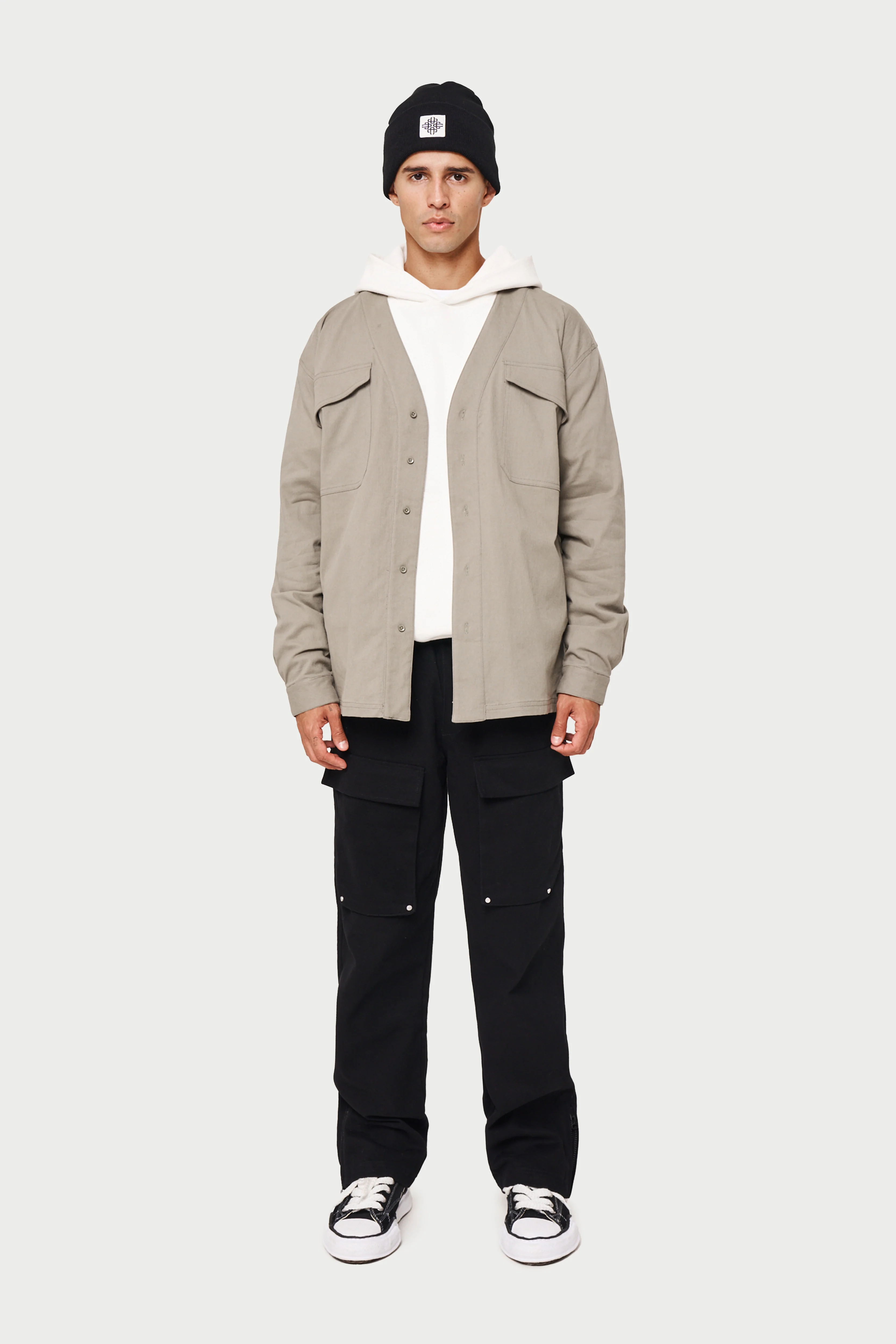 COLLARLESS STITCH DETAIL SHIRT - KHAKI