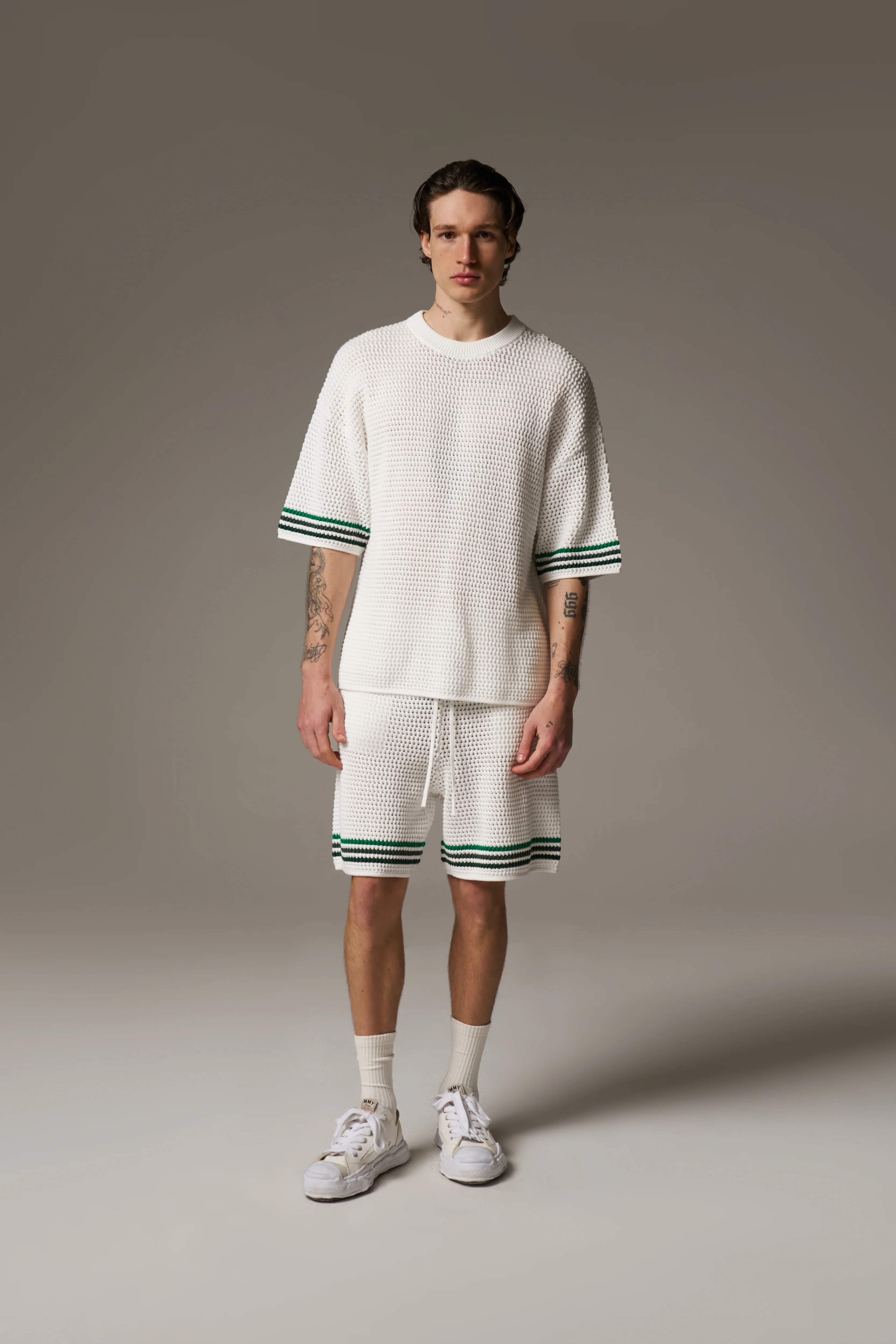 STRIPE CROCHET KNIT SHORTS - WHITE