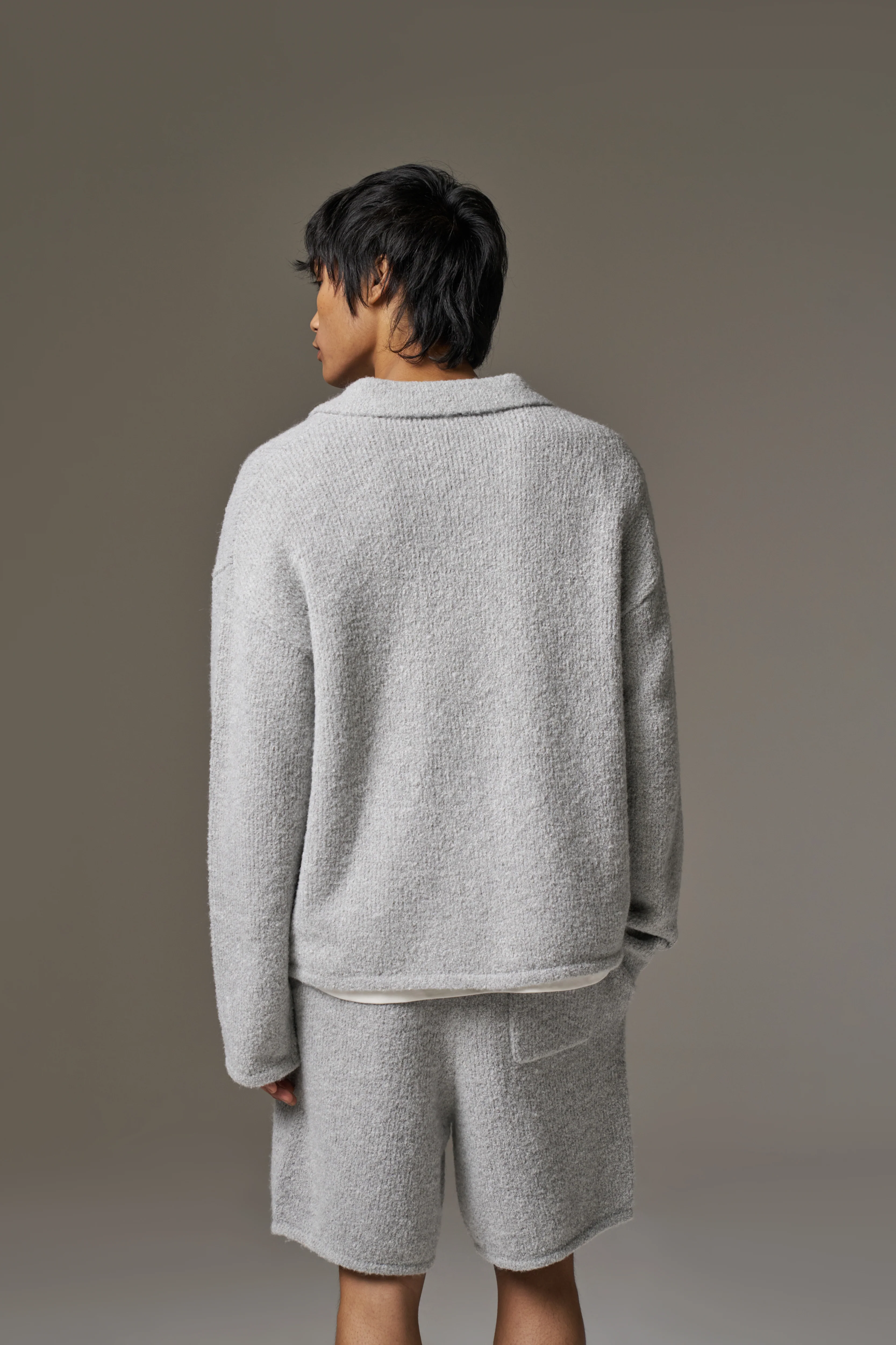BOUCLE KNIT LONG SLEEVE POLO - GREY MARL