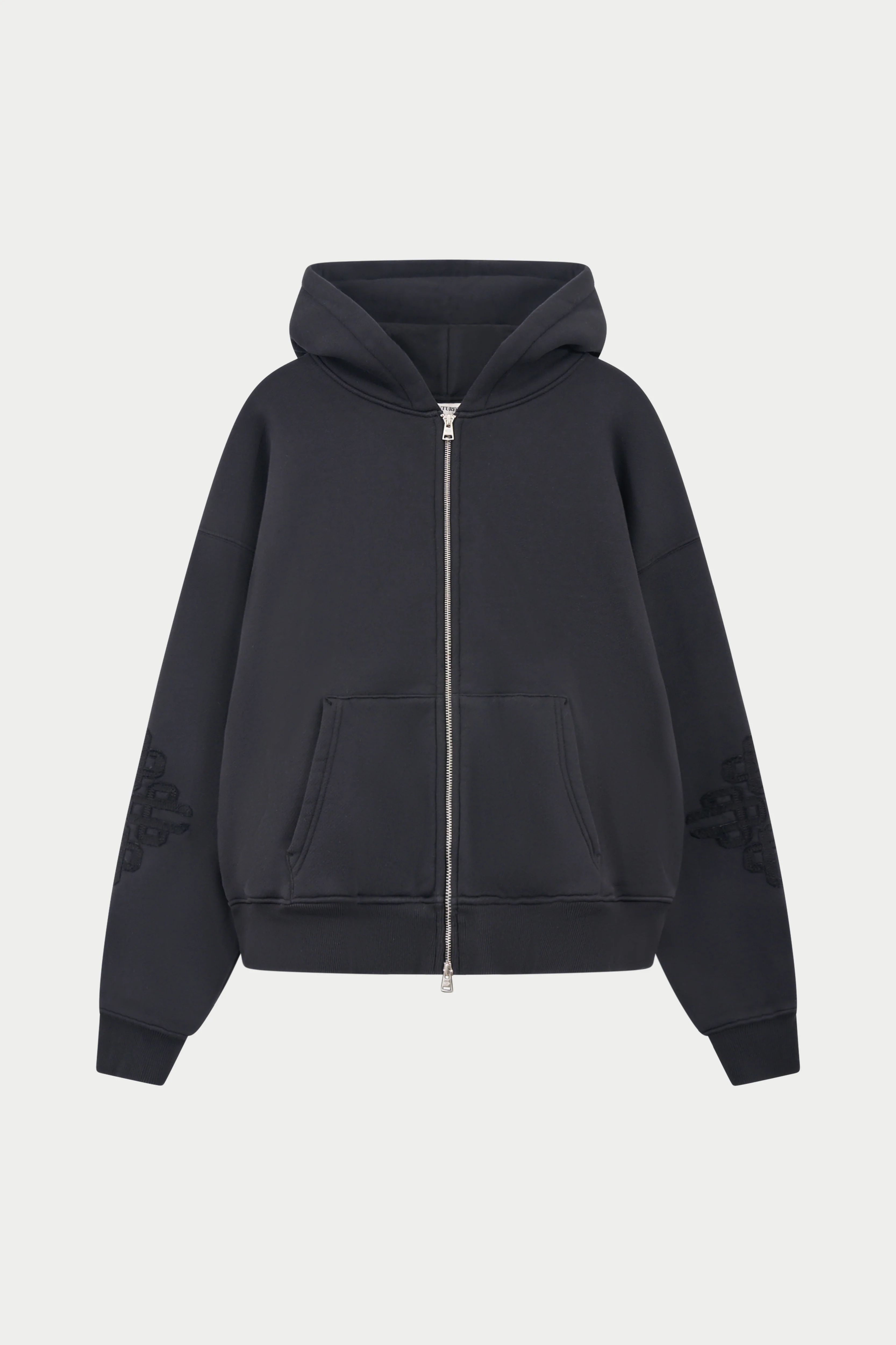 EMBLEM APPLIQUE ZIP THROUGH HOODIE - BLACK
