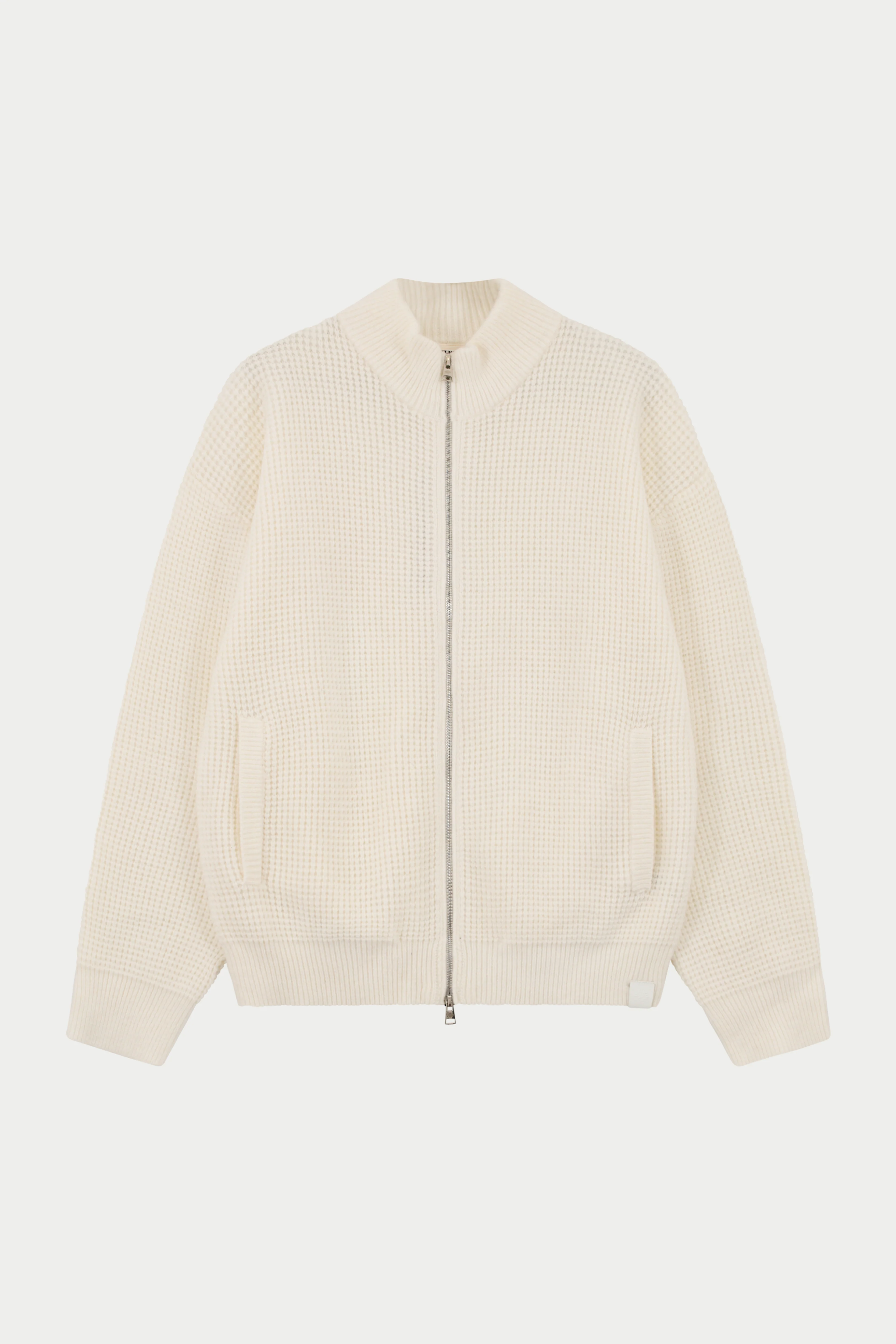 WAFFLE KNIT FUNNEL NECK ZIP THROUGH - WHITE