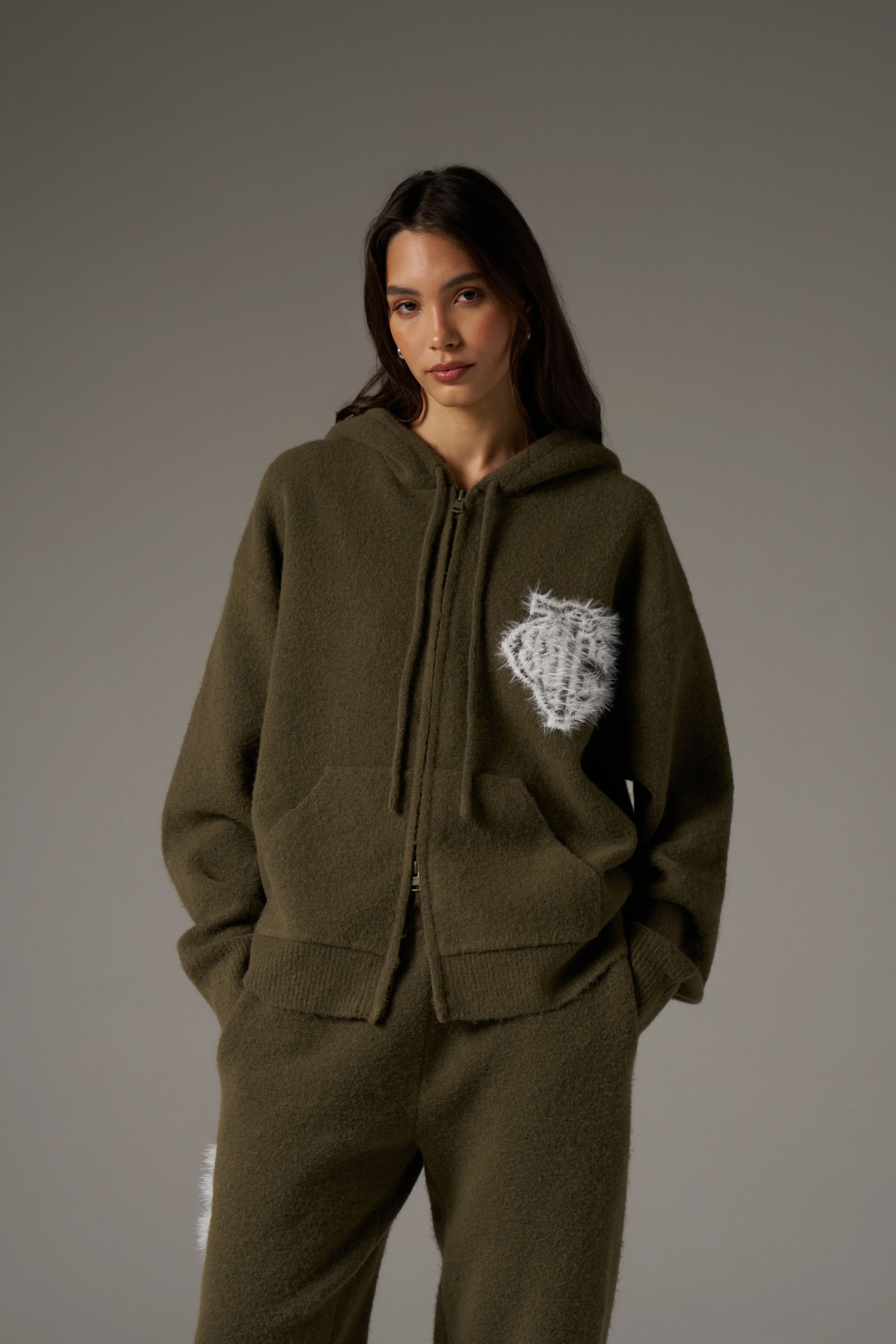 MONOGRAM EMBLEM FLUFFY KNIT ZIP THROUGH HOODIE - KHAKI